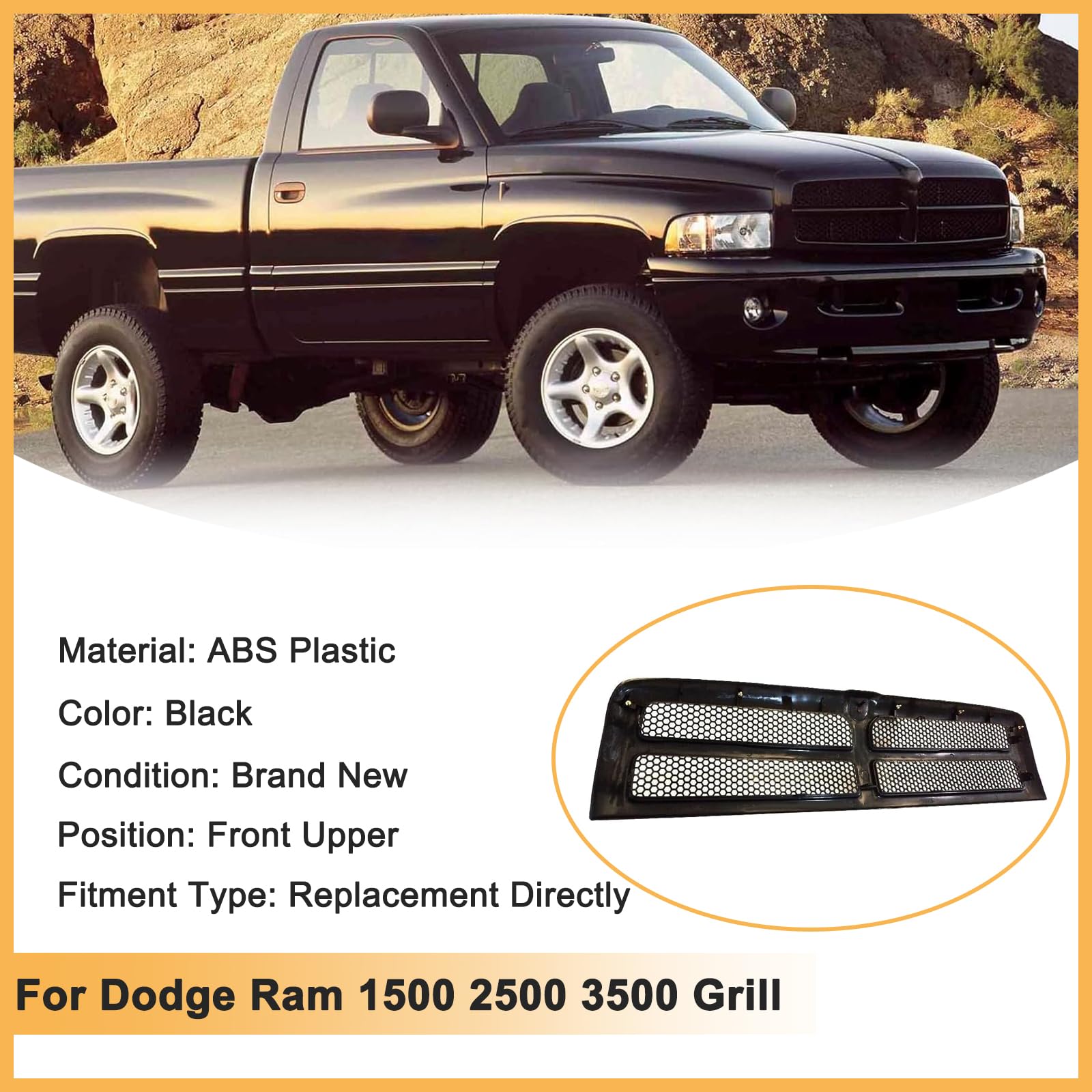 Gloss Black Honeycomb Mesh Upper Grille For 1994-2001 Dodge Ram 1500/2500/3500 - Performance/Custom Style, Plastic