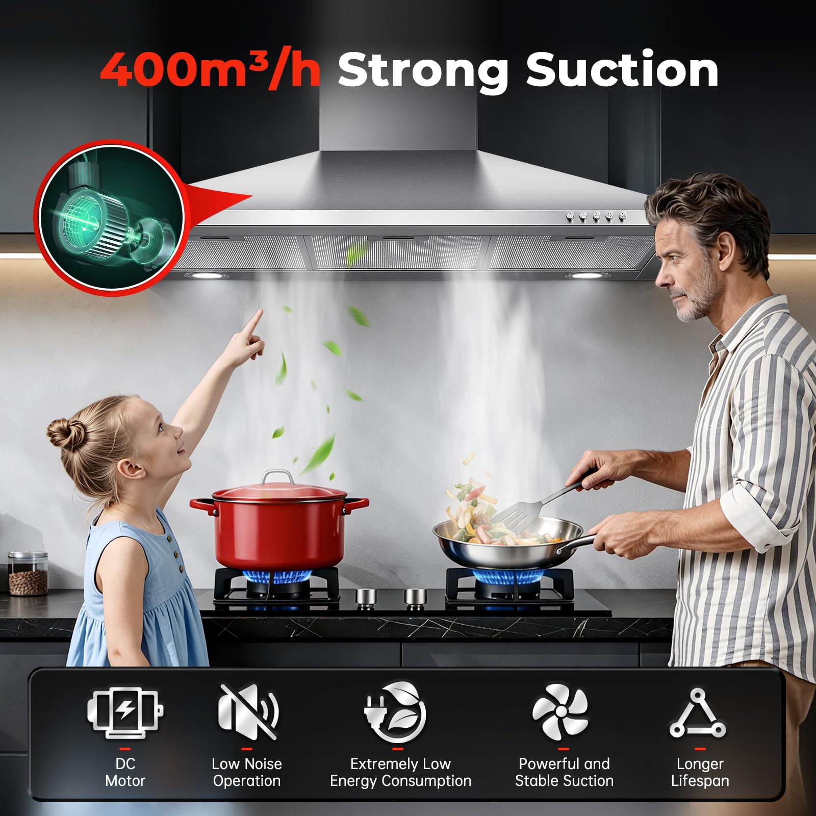 SNDOAS Chimney Cooker Hood 90cm, 400m³/h Extractor Fan for Kitchen with Carbon Filters, A+++, 3-Speed with LED Lights, Recirculating & Ducting Modes Wall Mounted Range Hood, Silver — view 2