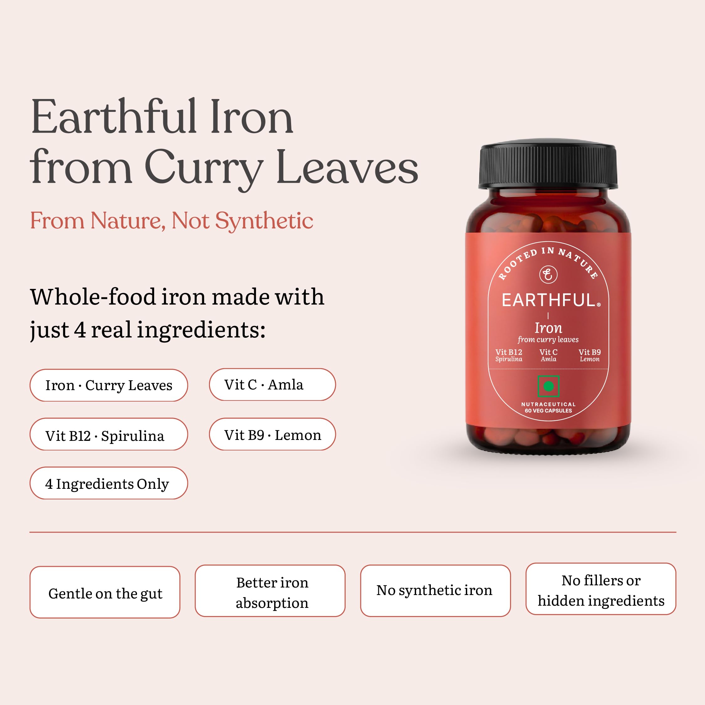 Earthful Iron | Supplement from Curry Leaves | Helps Fight Deficiency, Tiredness & Fatigue | With Iron, Folate, B12 & Natural Vitamin C | Made with Curry Leaf, Amla & Spirulina - 60 Capsules — Amazon image 8