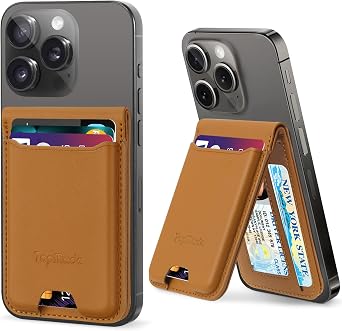 TopMade Phone Card Holder, Leather Phone Wallet Stick on with Stand, Open ID Window, Strongest 3M Adhesive Credit Card Holder for Back of Phone Case, iPhone, Samsung, and Android, Fit 6 Cards, Brown