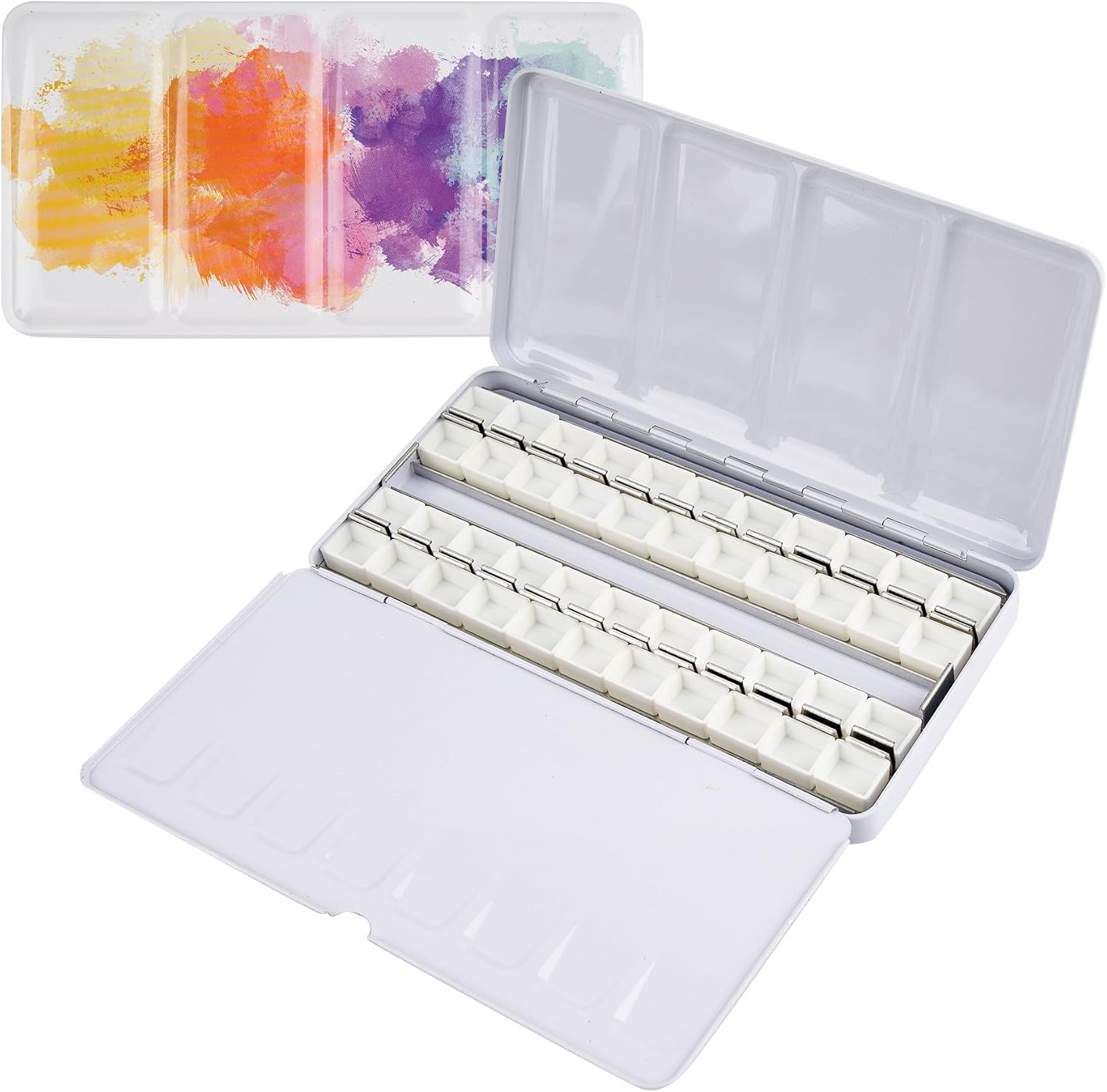 Framendino, Colorful Metal Watercolor Palette with Lid Fold Out Large Tin Tray with 52 Empty Half Pans for Painting Sketching