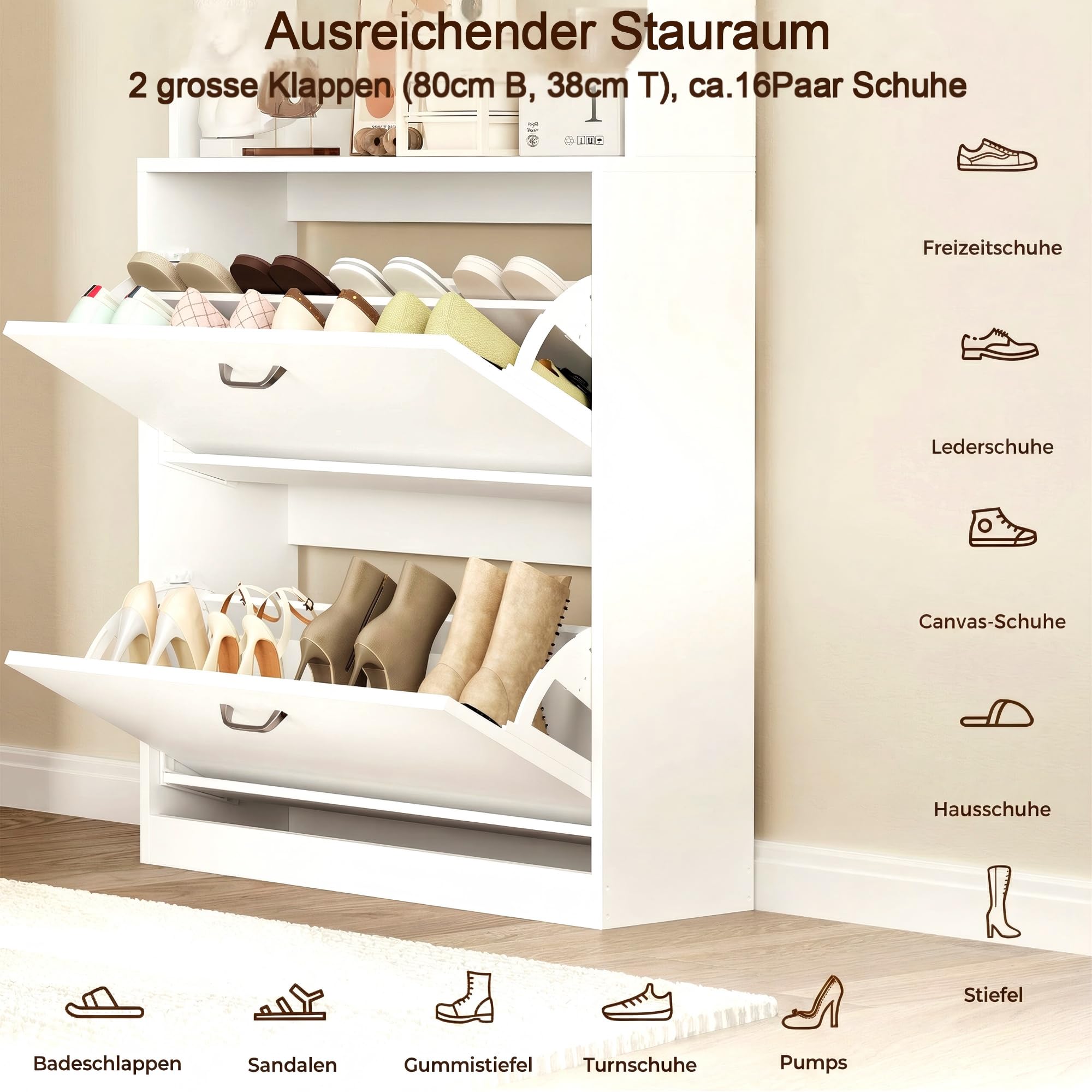 IRONCK Schuhschrank 2 Klappen, Schuhkipper Schmal, Schuhregal offenes Fach, Hohe Schuhaufbewahrung Holz Schuhkommode mit verstellbaren Trennwände für Flur Eingang Wohnzimmer, 24x80x165cm (Weiß)