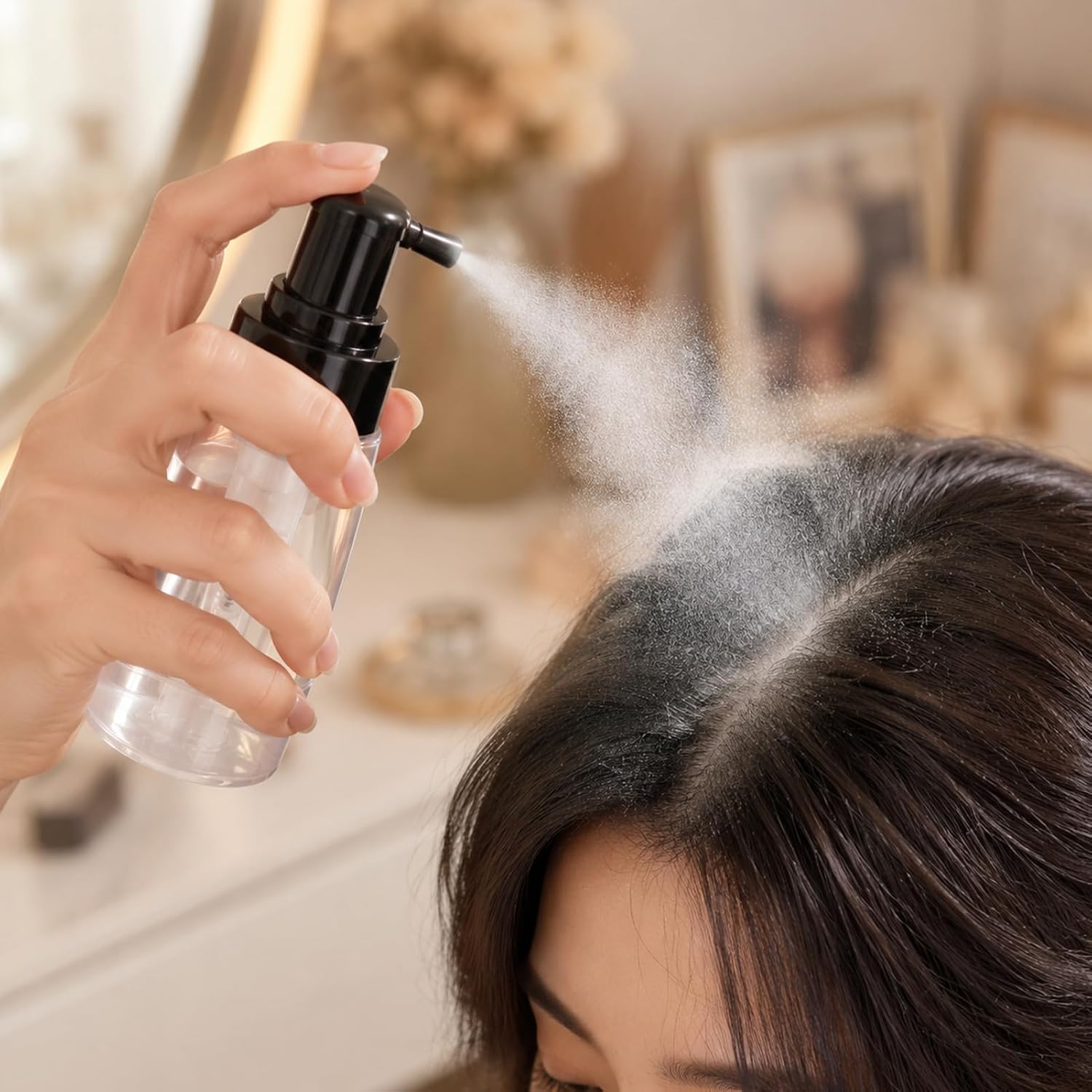 180ml Powder Spray Bottle, 6oz Refillable Cosmetics Travel Spray Bottle, Plastic Hair Fiber Applicator, Transparent Dry Powder for Loose Powder, Barber and Beauty Use (6oz Black)
