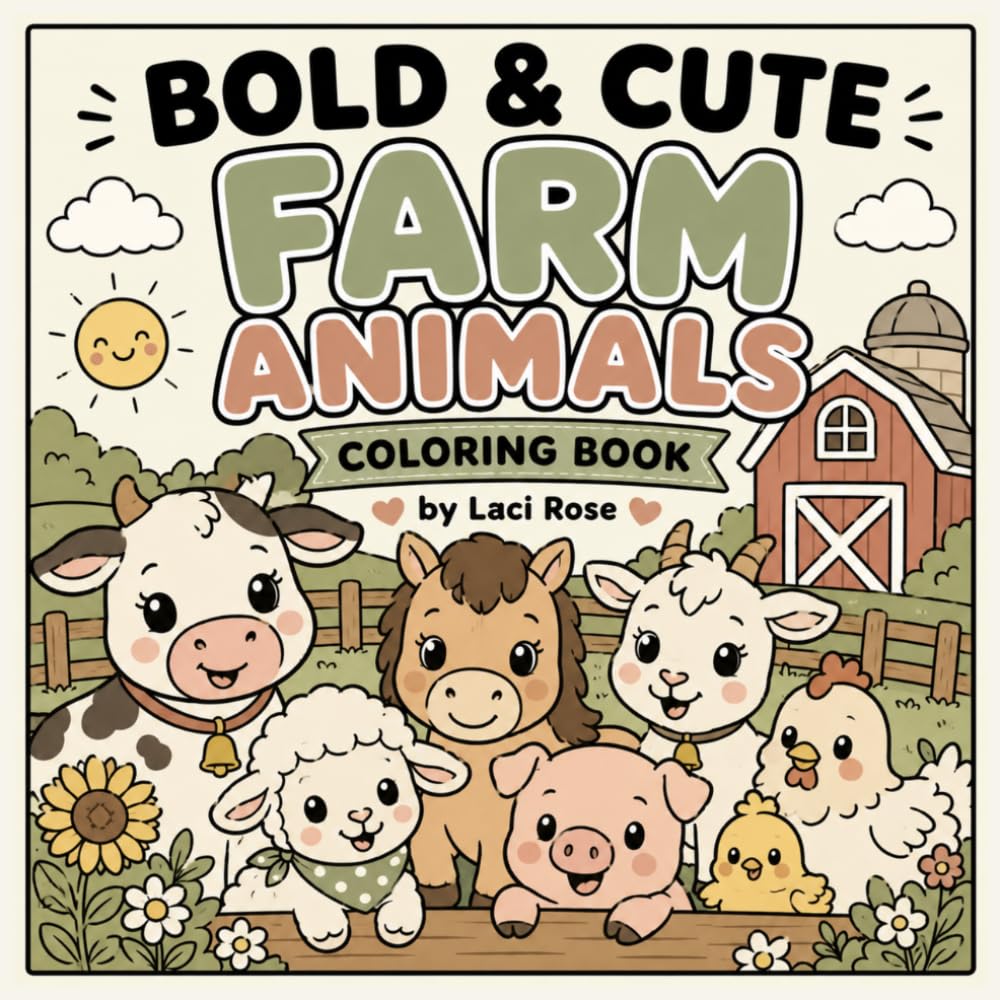 BOLD & CUTE FARM ANIMALS: Simple and Relaxing Farm Animal Coloring Book for Adults, Teens, and Kids Featuring Cute Barnyard Friends, Cozy Farm Scenes, and Bold Easy Designs