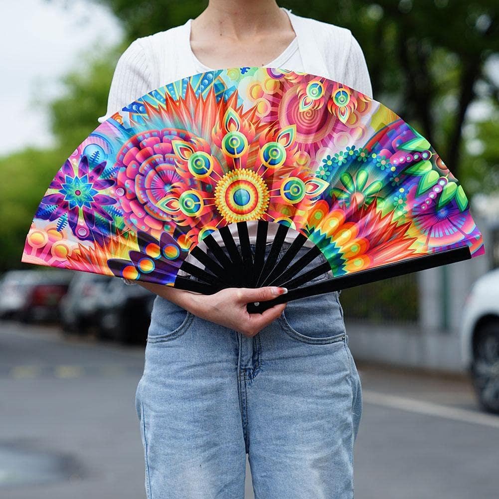 Wmool B2R7 - Abanico plegable y reflectante de color degradado, suave, accesorios de baile, ventilador de fibra para fotografía, fiesta, tela B2R7, tamaño grande