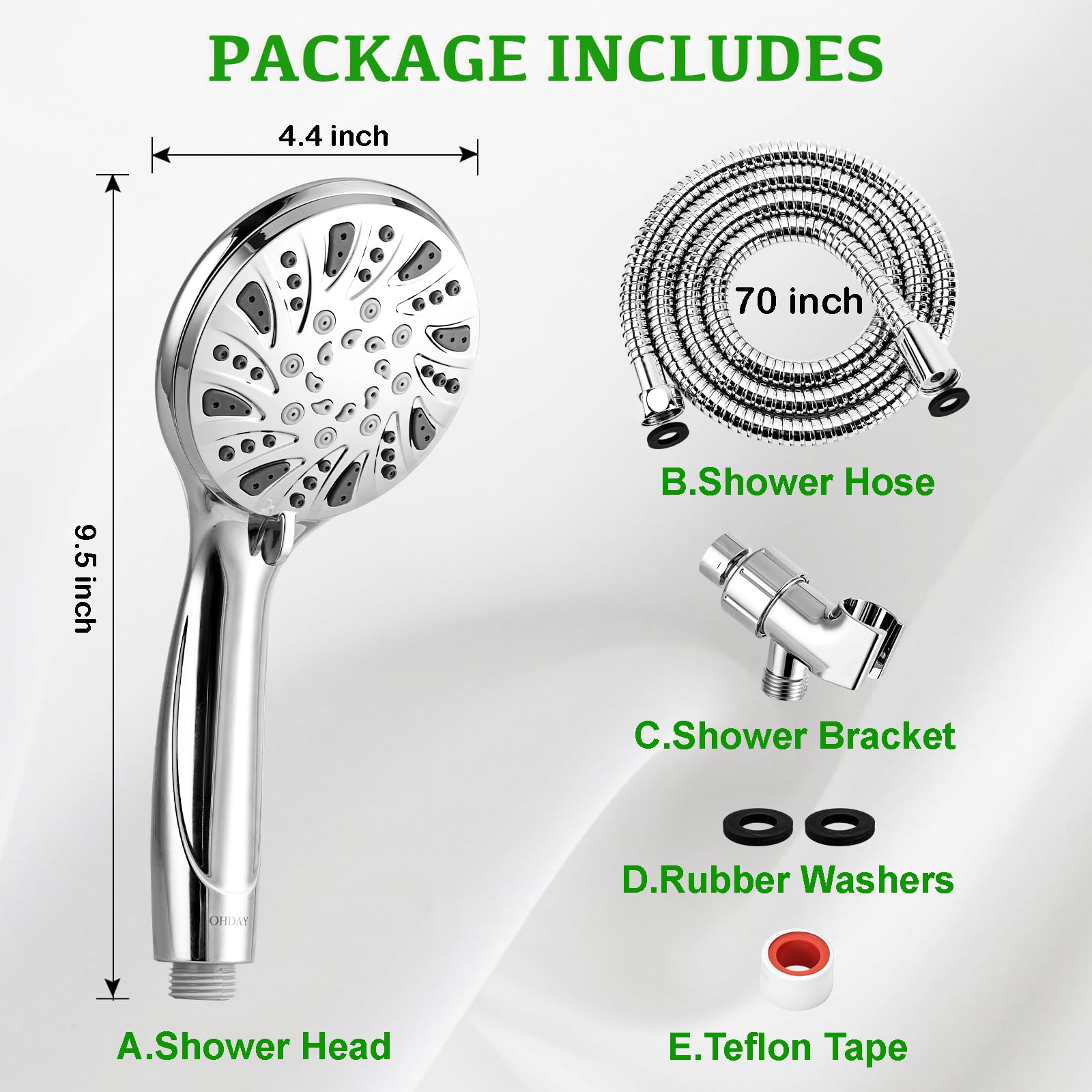 OHDAY® - Cabezal de ducha de alta presión con mano - Potente cabezal de ducha de 6 modos con manguera de acero inoxidable de 70 pulgadas, soporte ajustable y lavado a presión integrado para limpiar la