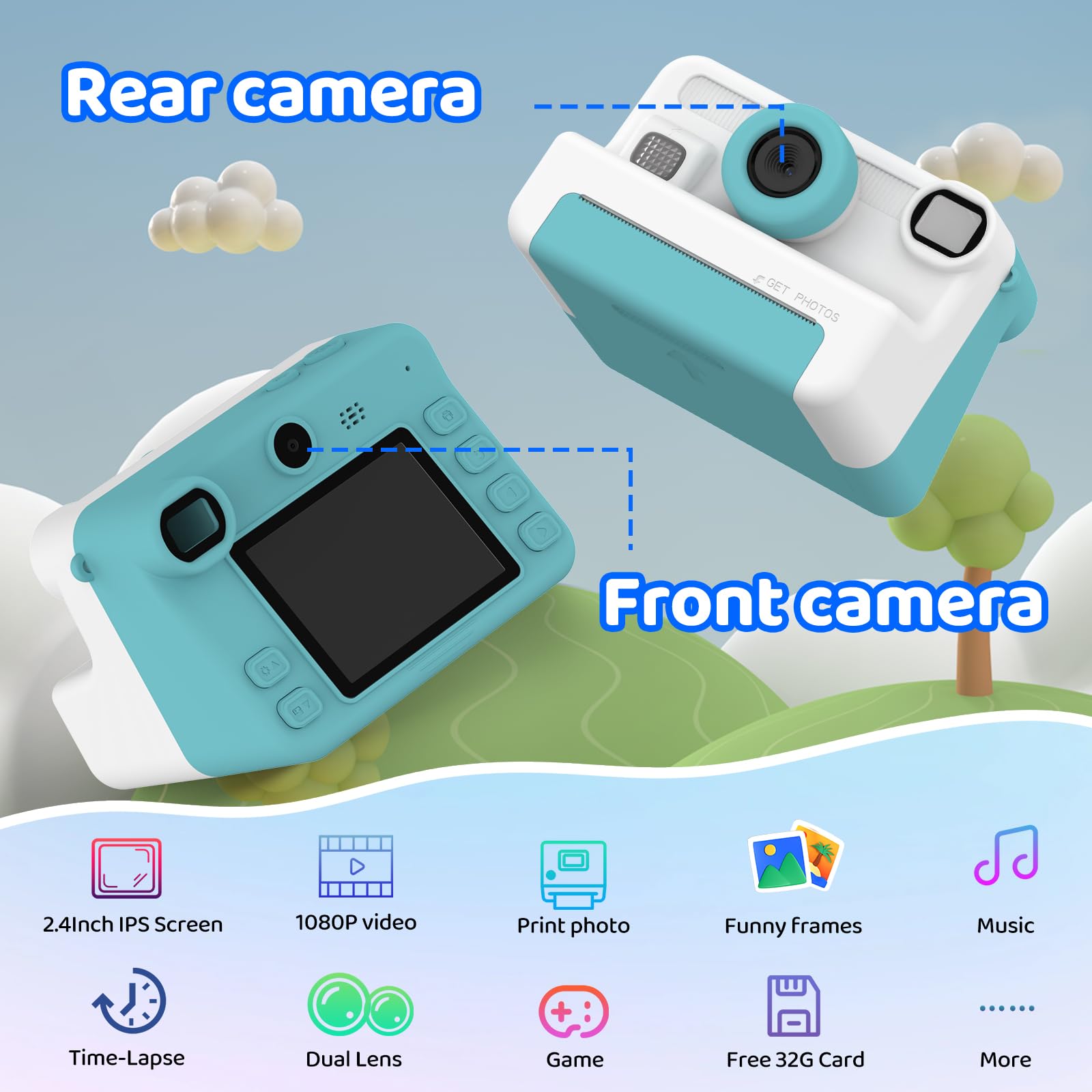 Macchina fotografica bambini istantanea,Regalo di Natale e Compleanno per giochi Bambina 4 5 6 7 8 9 10 11 12 Anni, Fotocamera Digitale Selfie 1080P con 3 Rotoli di Carta Termica e Scheda da 32GB