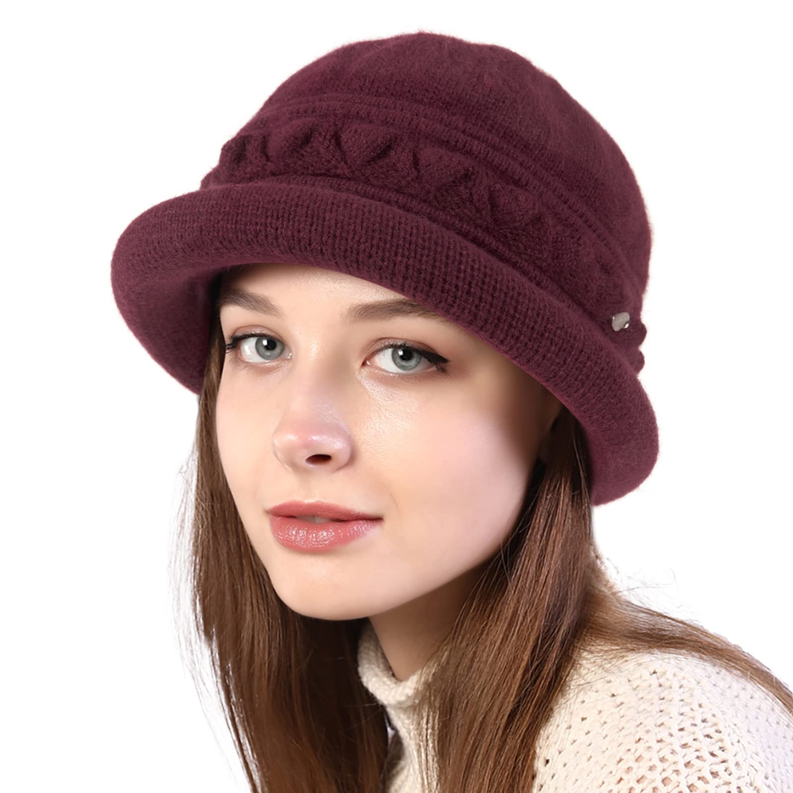 Women Winter Knit 1920s Vintage Bucket Bowler Hat Round Brim Warm Hat