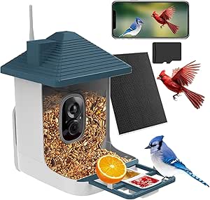 Smart Bird Feeder with Camera,AI Identify Species,Bird House with Solar Powered,Instant Arrival Alerts,64GB Card Auto Record Video,2K Capture Video,Live View for Lover (Blue+64G Card) asin的图片