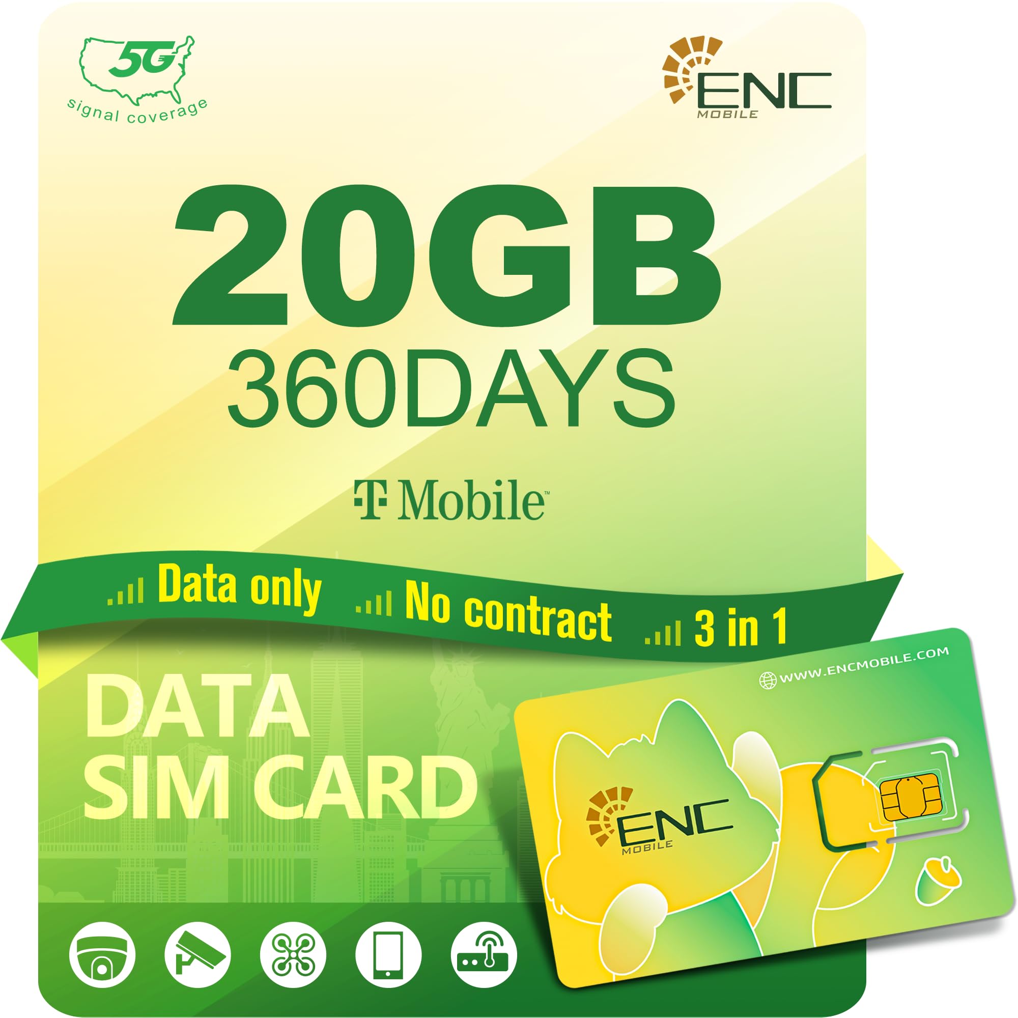 US BR - Tarjeta SIM prepagada solo de datos, 20 GB/360 días 5G/4G LTE para cámara de seguridad desbloqueada, punto de acceso WiFi móvil, routers, computadoras portátiles, tabletas, sin voz y sin texto