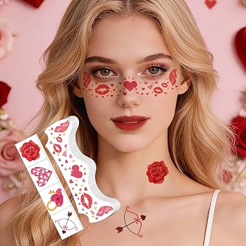 28 PCS Valentines Day Face Makeup Patches Freckles Tattoo Stickers, Red Heart Kiss Valentines Temporary Tattoos for Women Men Girls, Valentines Day Accessories Stage Cosplay Festivals Party Favor