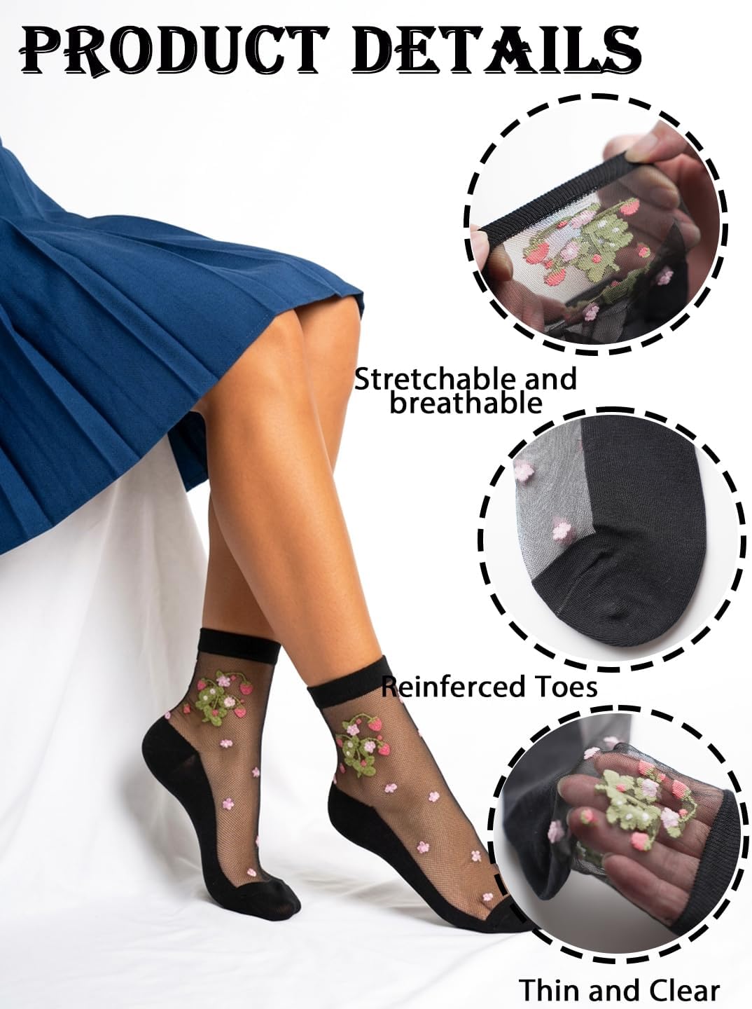 Floral Sheer Ankle Socks Black Patterned Lace Mesh Sock for Women(5 Pairs)