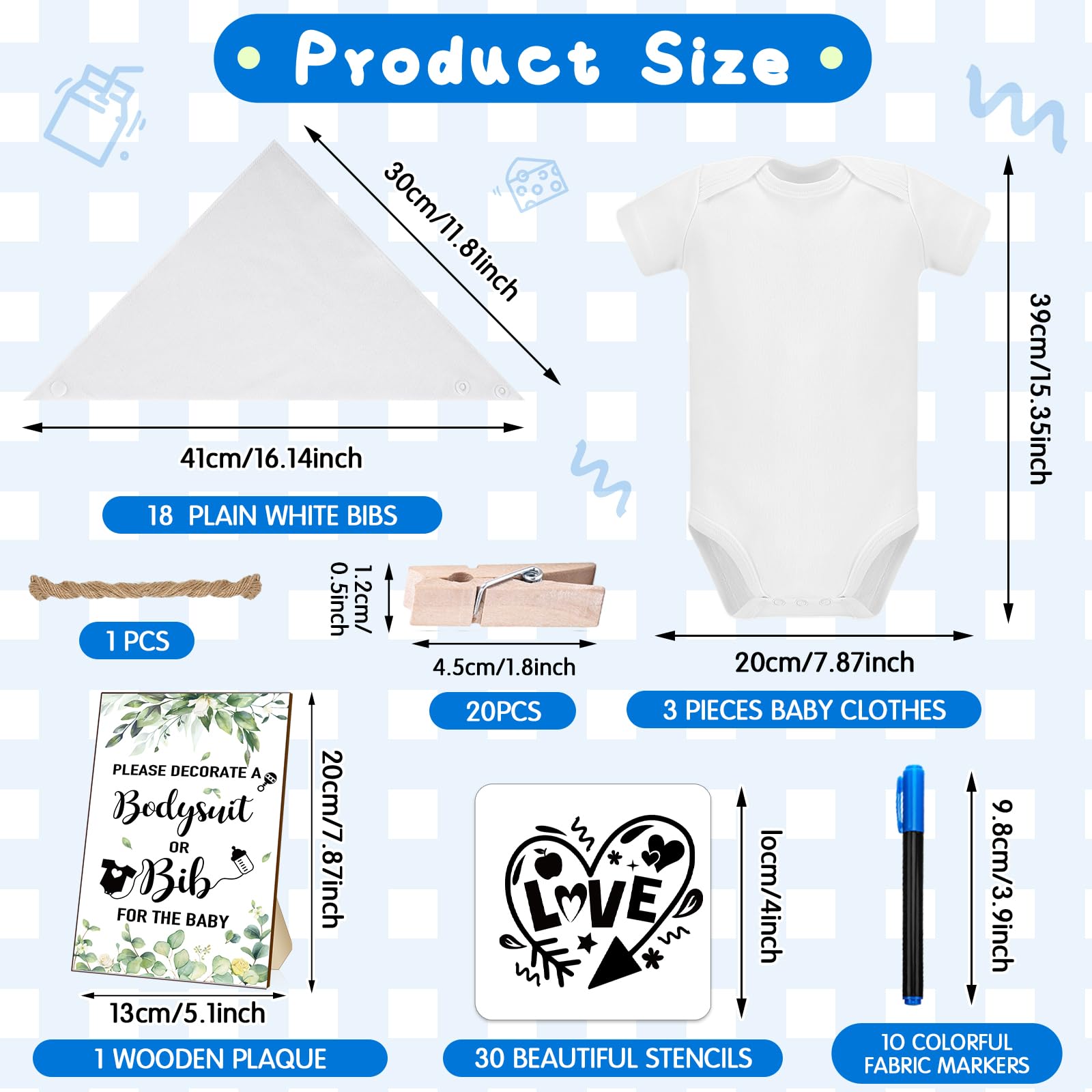 Bunnycool 88 Pcs Baby Shower Games Bodysuit Design Game 9 Newborn Bodysuit 18 Bib 10 Fabric Markers for Gender Reveal Party(Greenery)