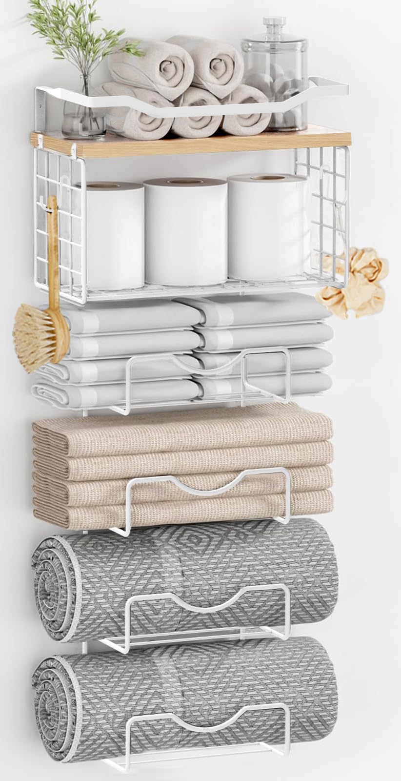 Towel Racks for Bathroom,Towel Rack Wall Mounted, 6 Tier Rolled Or Folded Towel Holder with Floating Shelves, Bathroom Towel Holder for Bath, Hand Towels,White,Walnut Wood Panel