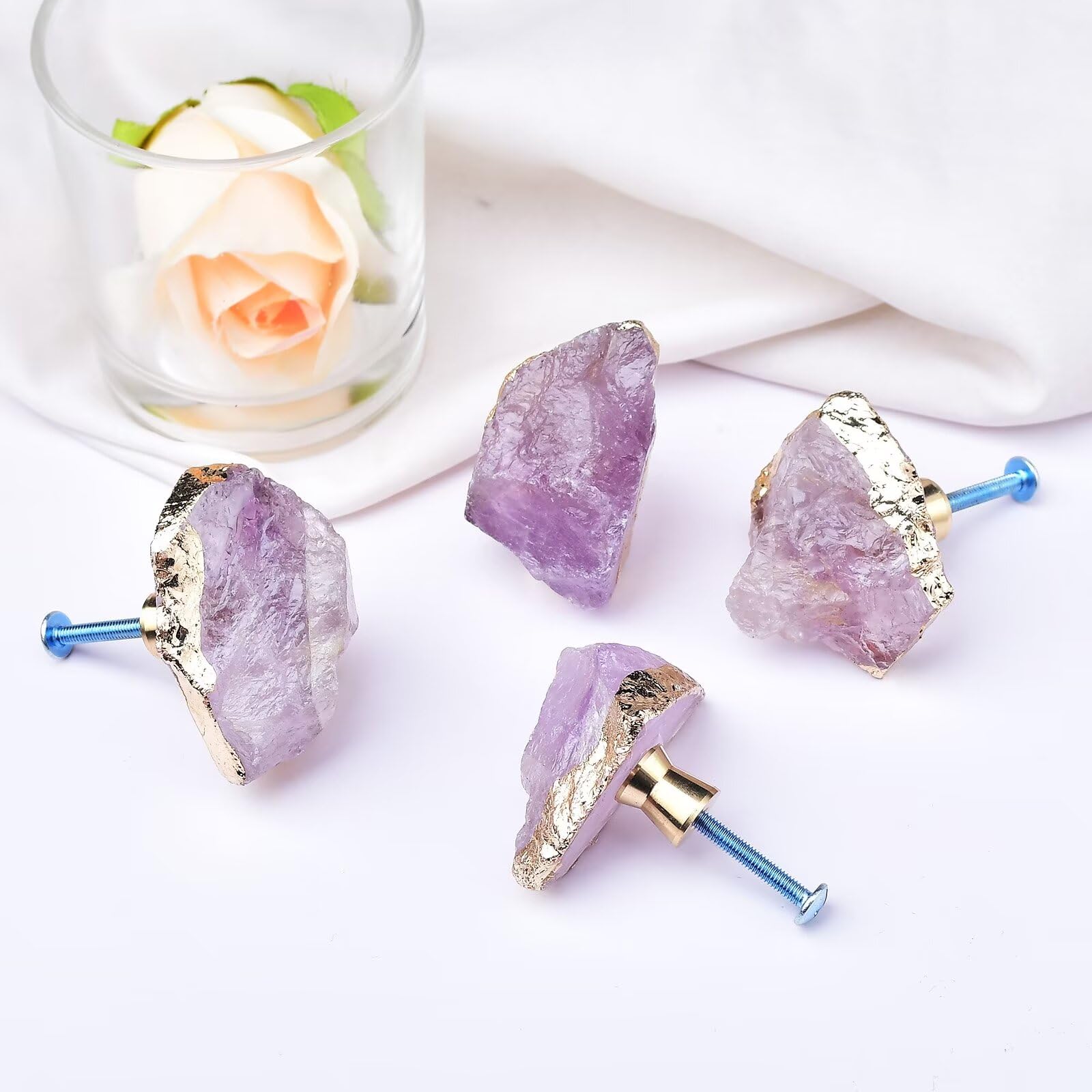 purple crystal dresser knobs FZBHRO Amethyst Drawer Cabinet Knobs Purple Crystal Stone Knobs Handles  Gold Plated Gemstone Cupboard Pulls Decorative for Home Office 4 Pack