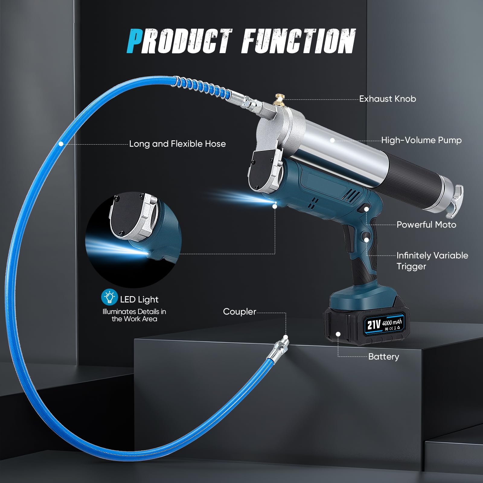 Pistola de grasa eléctrica, 12000 PSI de alta presión, 21 V inalámbrica con 2 x 4,0 Ah baterías y cargador, capacidad 600 ml, luz LED, flexible para lubricación de coche, camión, granja