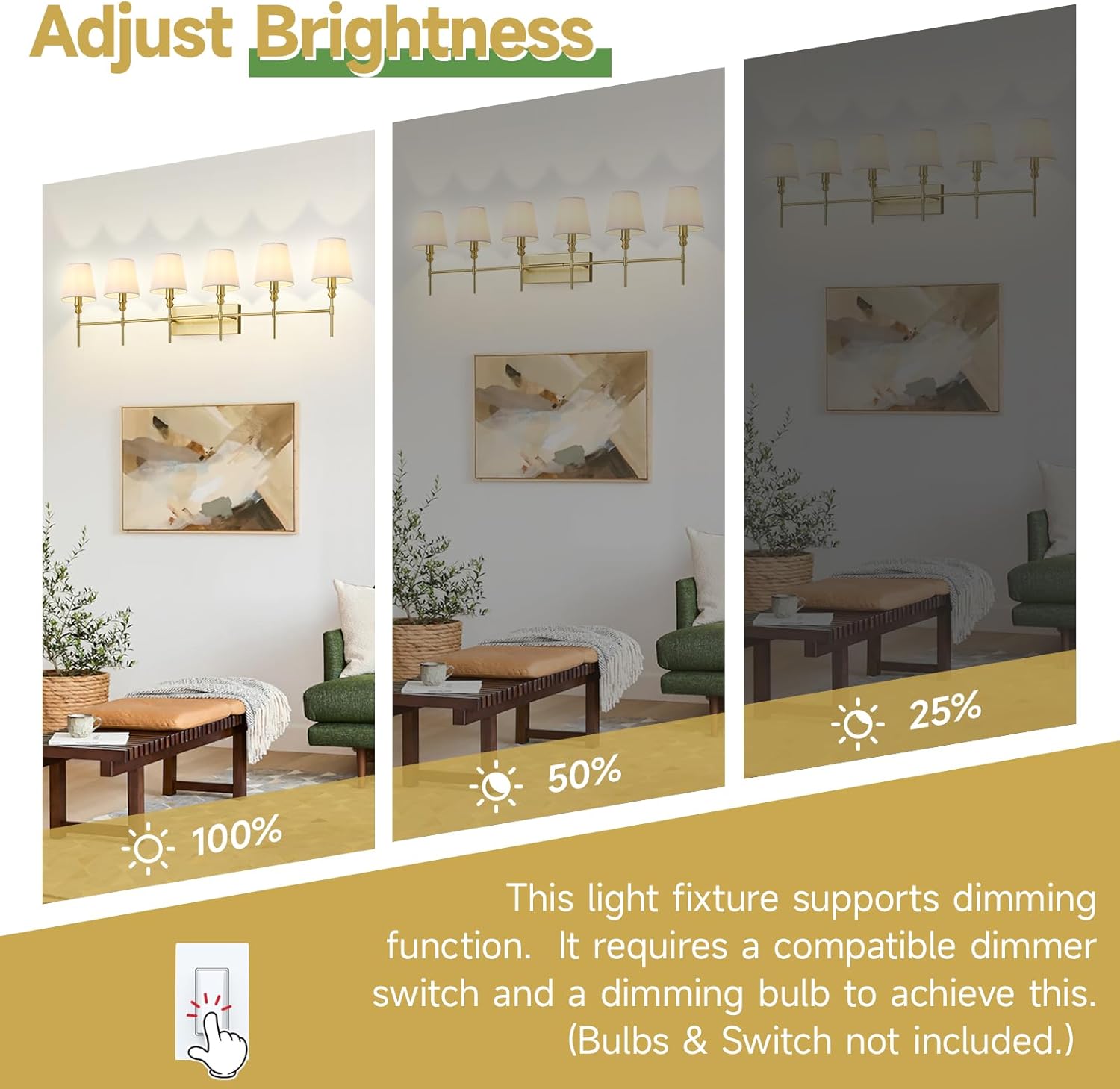 6-Light Bathroom Light Fixtures,50 in Vintage Bathroom Vanity Lights Over Mirror,Antique Brass Wall Sconce with Flared White Fabric Lampshade for Bedroom,Living Room,Foyer,Hardwired,E12 Base