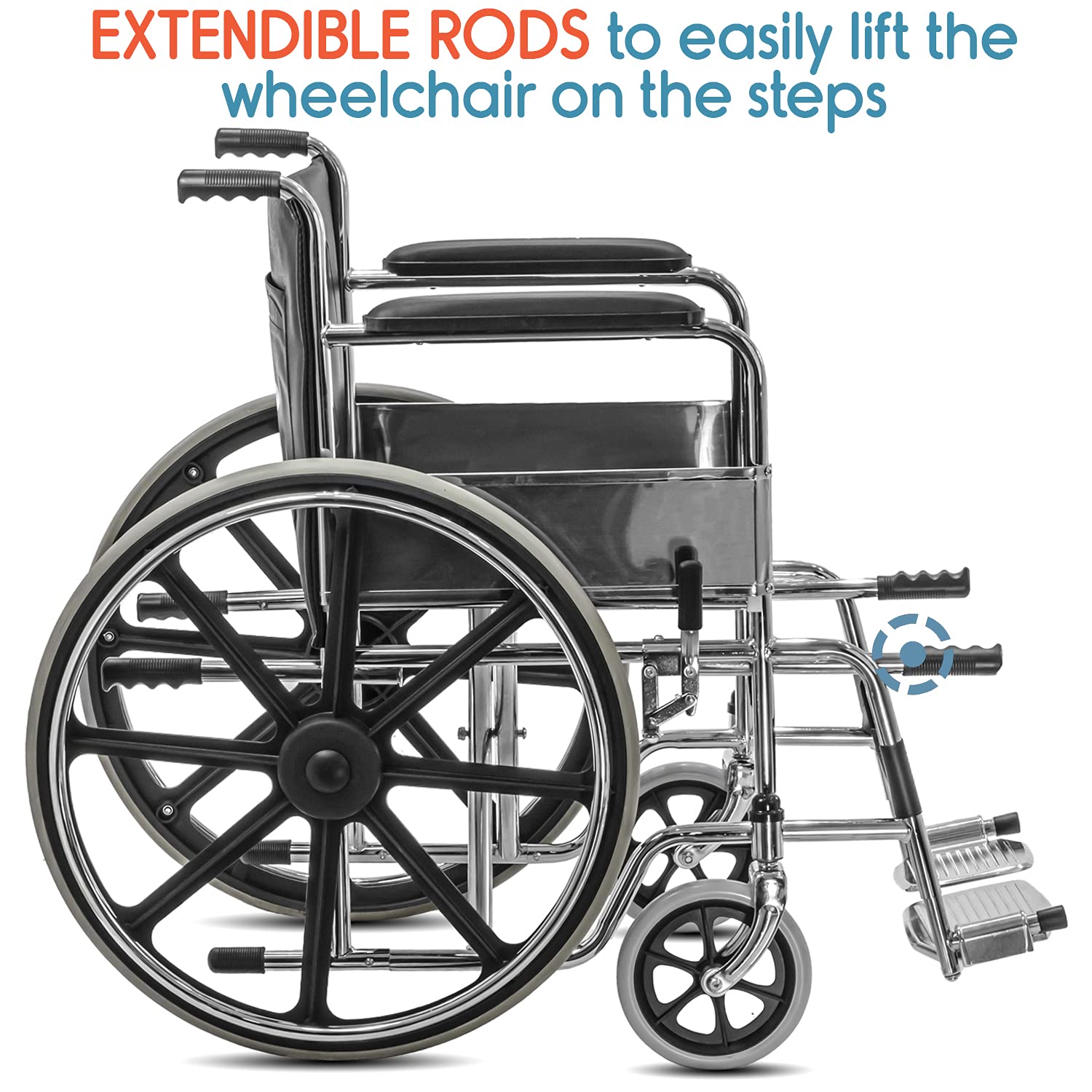 KosmoCare Dura Rexine Doli Wheelchair | Heavy-Duty Steel Frame | Chrome Plated Coating | Rexine Upholstery Seat | Extendible Rods | 24” Rear Wheels | PVC Front Casters | Foldable Design - Image 2 thumbnail