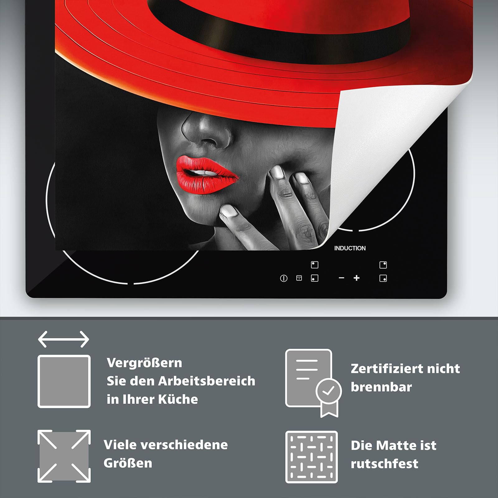 Tapa para placa de induccion - Placa protectora vitroceramica 80x52 cm - rojo - negro - mujer