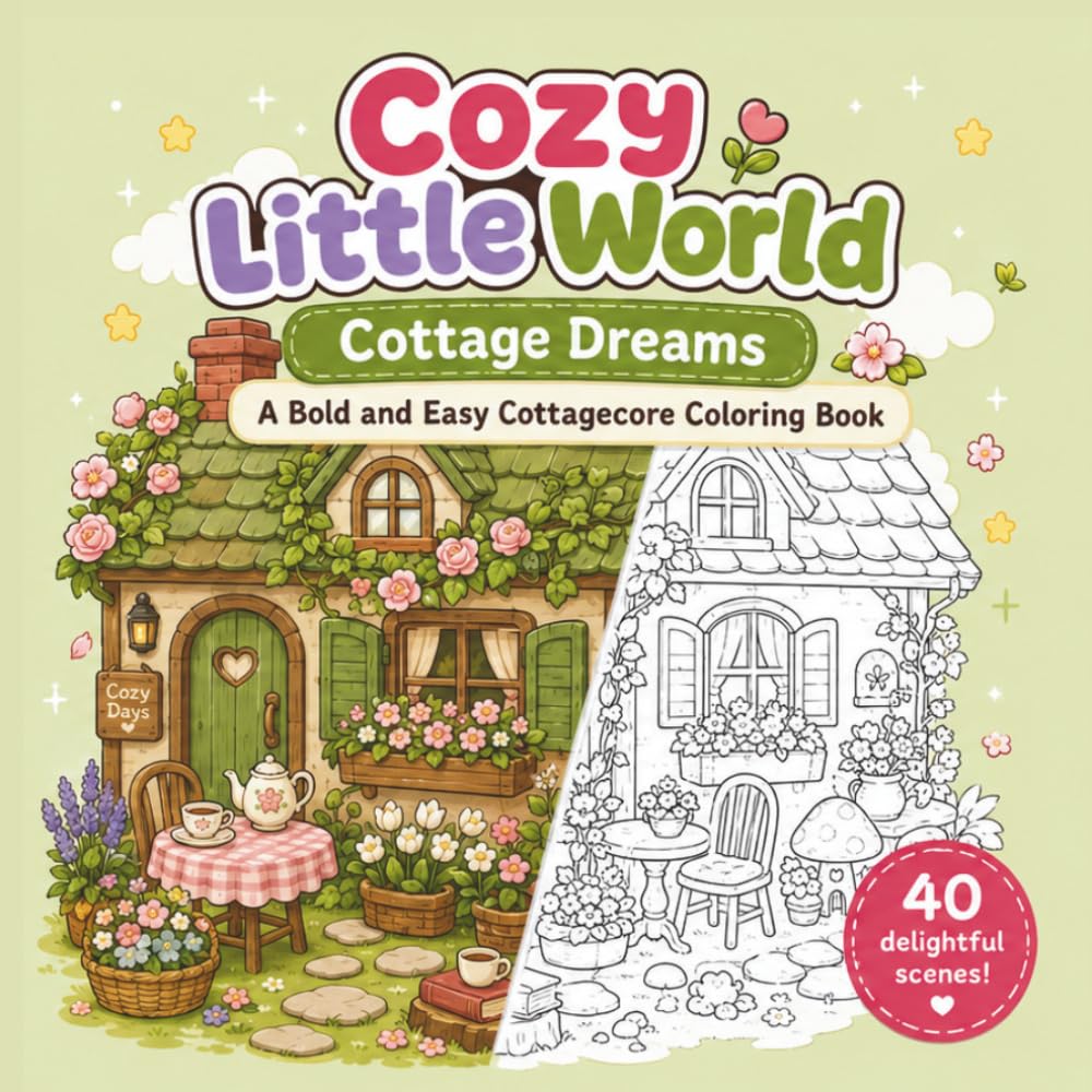 Cozy Little World - Cottage Dreams: A Bold and Easy Cottagecore Coloring Book for Adults and Teens with Cozy Homes, Flower Gardens and Peaceful Country Scenes