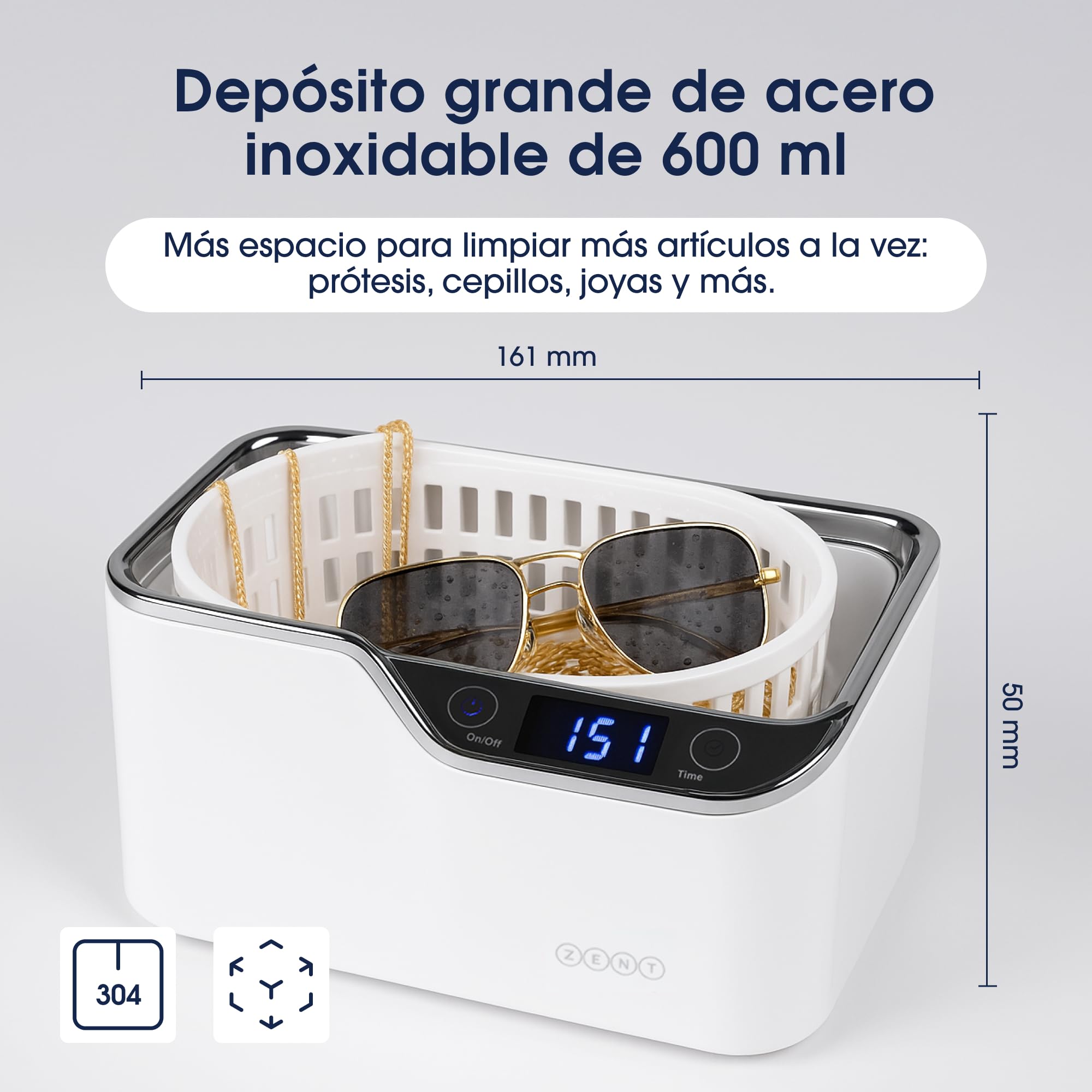 ZENT DeepClean+ Limpiador Ultrasonidos 42 kHz 600 ml 161 x 50 mm | Ultrasonidos Limpieza de Gafas, Férula Dental, Joyería y Relojes, 5 Programas - Tecnología UltraWave & CoolGuard