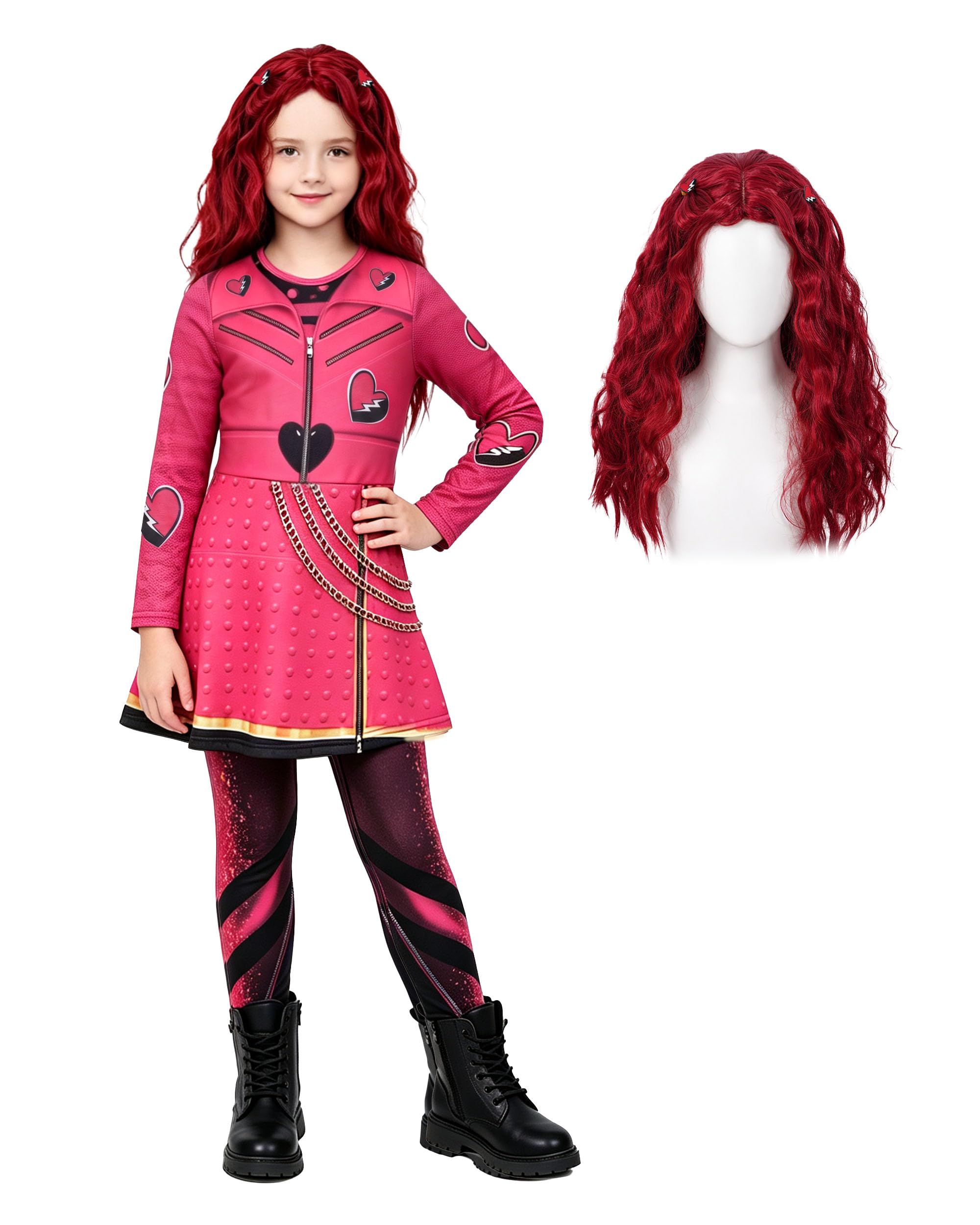 Red Wonderland Costume with Wig Girls Princess Dress for Kids 5-12 Years