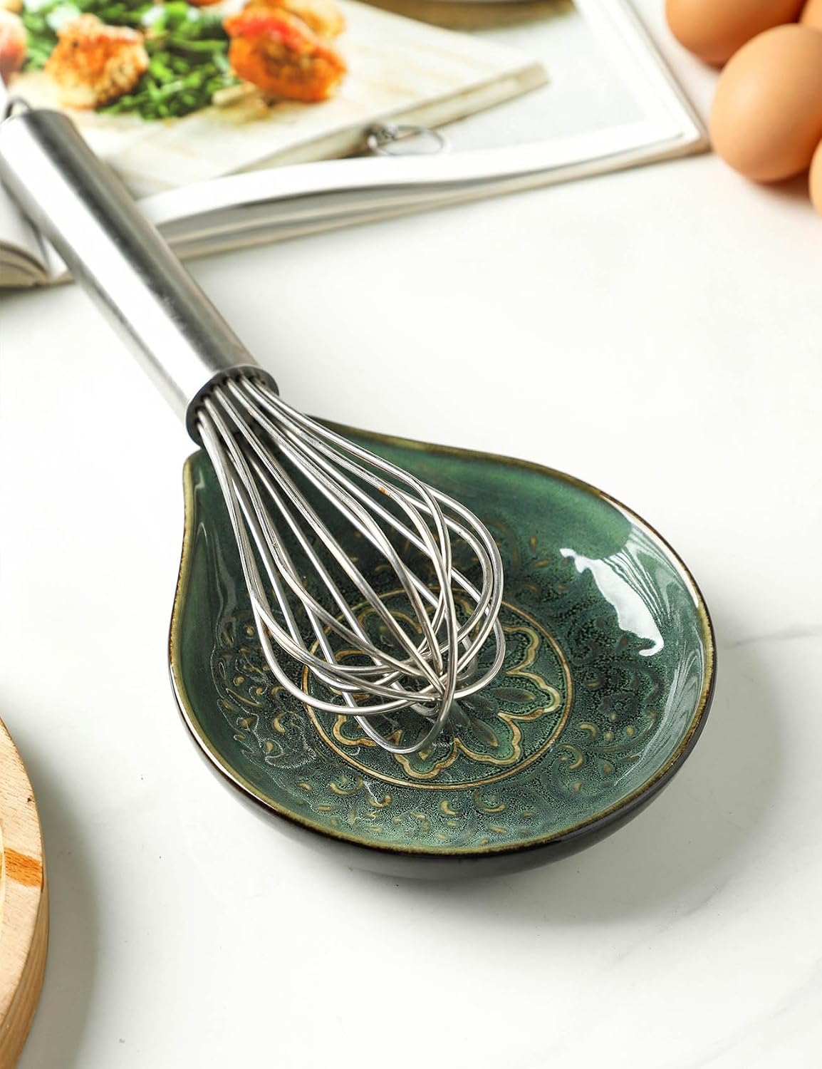 Spoon Rest for Stove Top, Ceramic Cooking Spoon Holder for Kitchen Counter, Farmhouse Cooking Utensil Holder for Spoons, Ladles, Spatula, Glazed Vintage Green