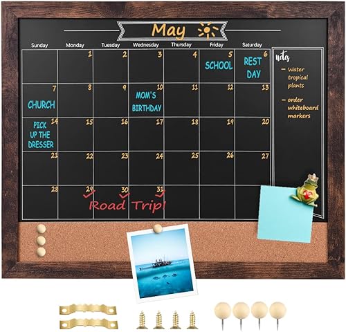 Miniatura 1 de Umtiti Pizarra combinada de calendario y tablón de anuncios. Marco de madera marrón de 13 x 17 pulgadas, pizarra magnética. Perfecto para oficina,