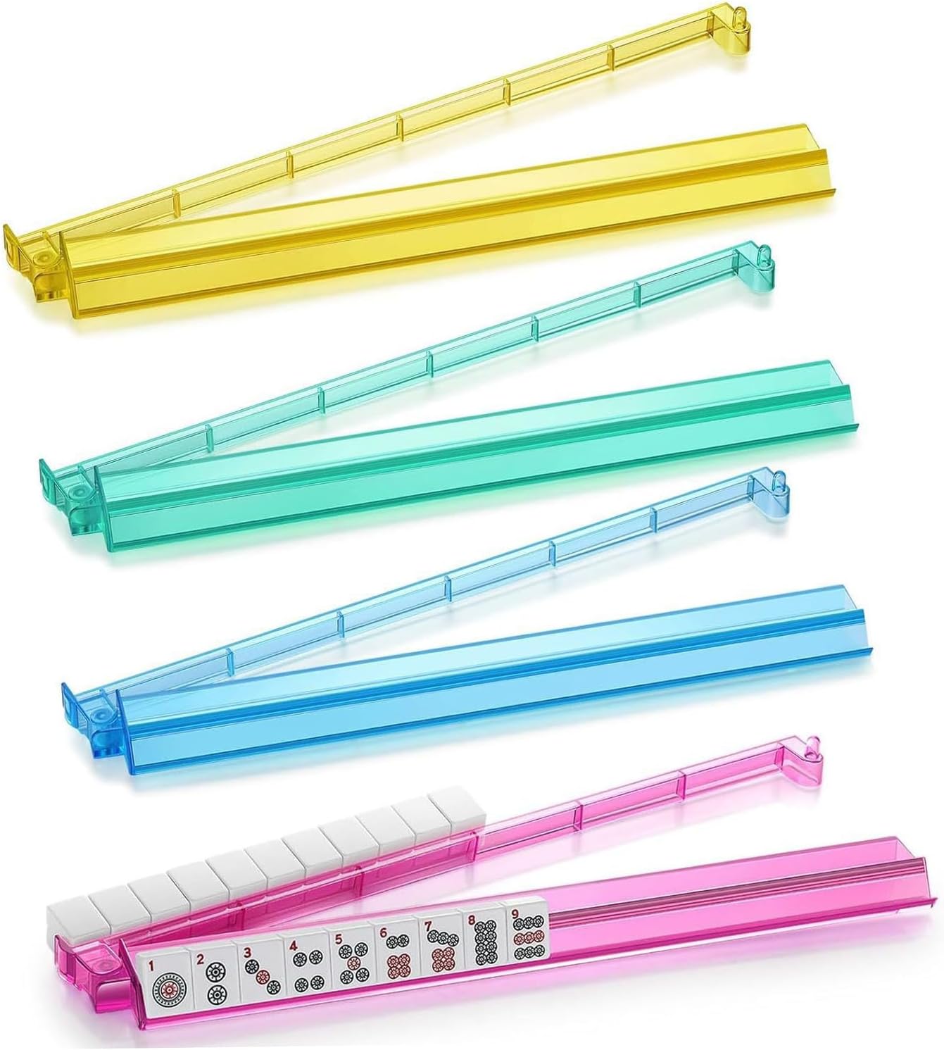 4-Color Acrylic American Mahjong Racks with Built-in Pushers, Set of 4 Modern Majiang Tile Racks, Professional American Mahjong Accessories for 166 Tiles Standard Games, Transparent & Durable