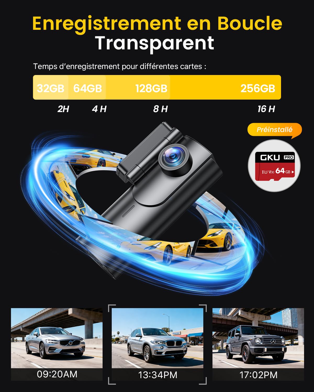GKU 4K Dashcam Voiture Avant Arrière,5GHz WiFi Caméra Embarquée Voiture avec Carte SD 64G,Camera Voiture Grand Angle 170°,Vision Nocturne,WDR,G-Capteur,Mode Stationnement 24H,Enregistrement en Boucle