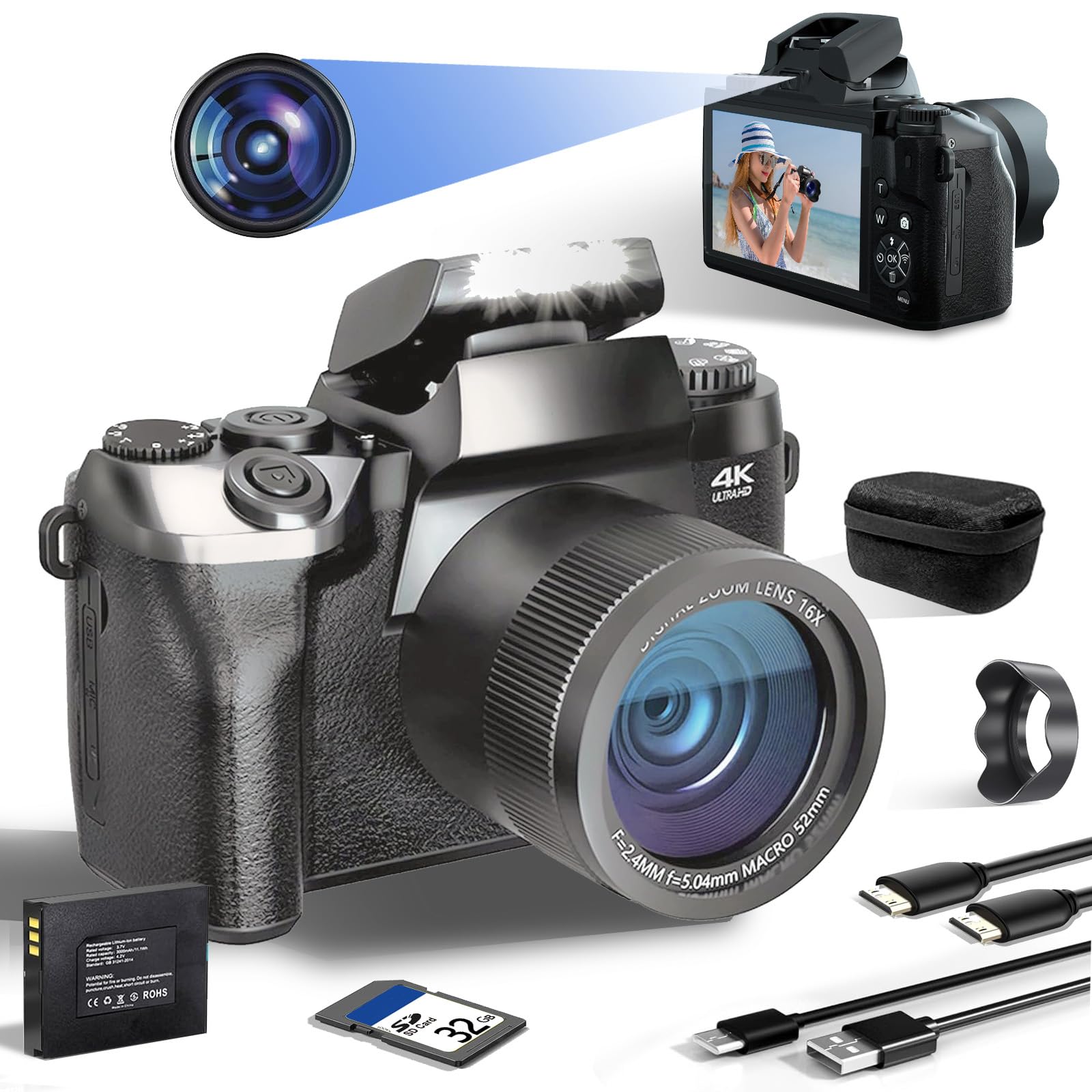 SWE Digitalkamera 4K 64MP Digital Kamera Fotokamera mit 4.0" Touchscreen, Autofokus WiFi Kompaktkamera 16X Digitalzoom Fotoapparat Camera für Einsteiger mit 32G Karte 3000mAh Akku Tasche - Doppellinse