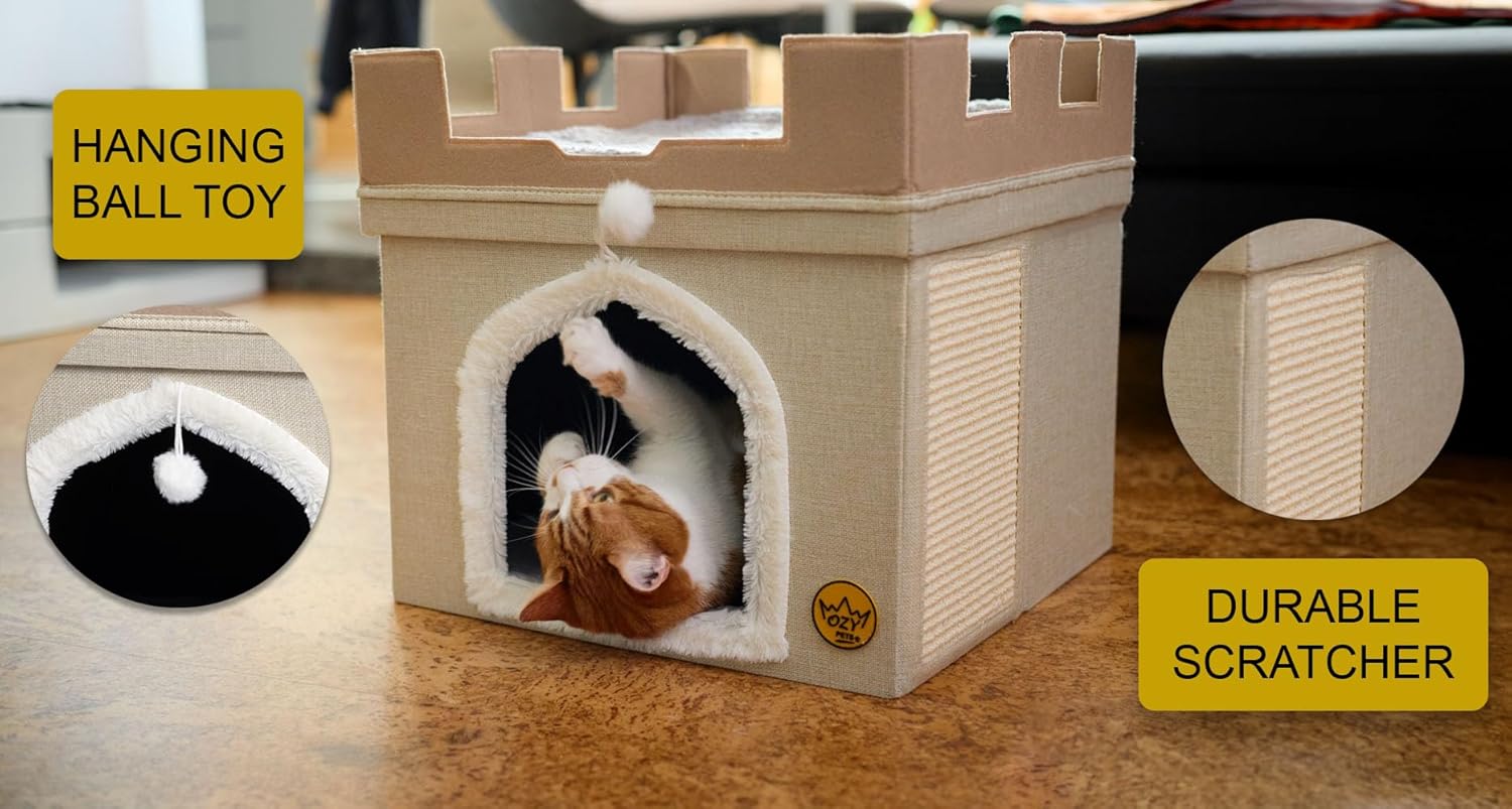 review Sturdy Indoor cat Bed – no Caving in top - Foldable pet House – Castle Design - cat cave with Removable lid, Hideaway, Scratch pad and Hanging Ball – Easy Assembly – Aesthetic Furniture
