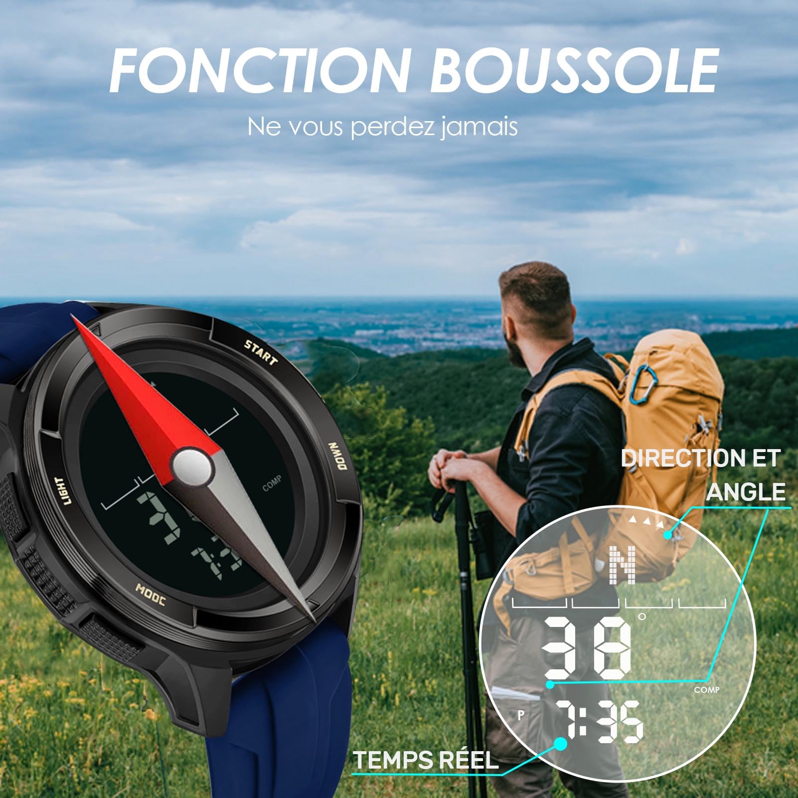 findtime Montre Sport pour Homme Bracelet en Silicon Montre de Randonnée,avec Métronome, Boussole Chronomètre, Podomètre Montre Numérique Digitale Étanche 5ATM Cadran Bonne Lisibilité dans La Nuit