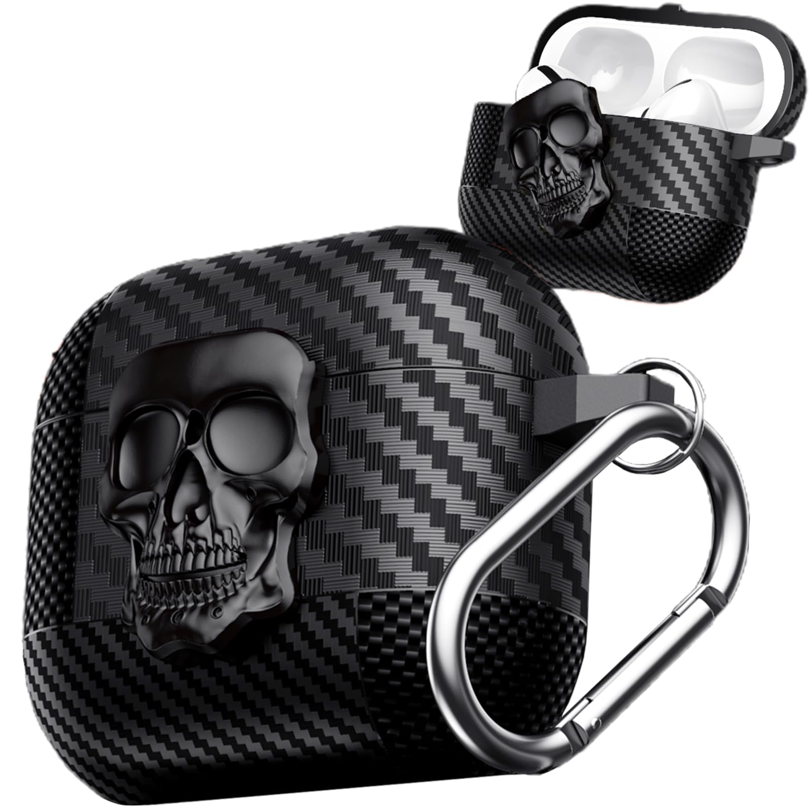 Fofvccv for AirPods Pro 2nd Generation Case Skull with Lock & Keychain for Men, Funny Carbon Fiber Full Body Shockproof Hard Shell Protective Skeleton