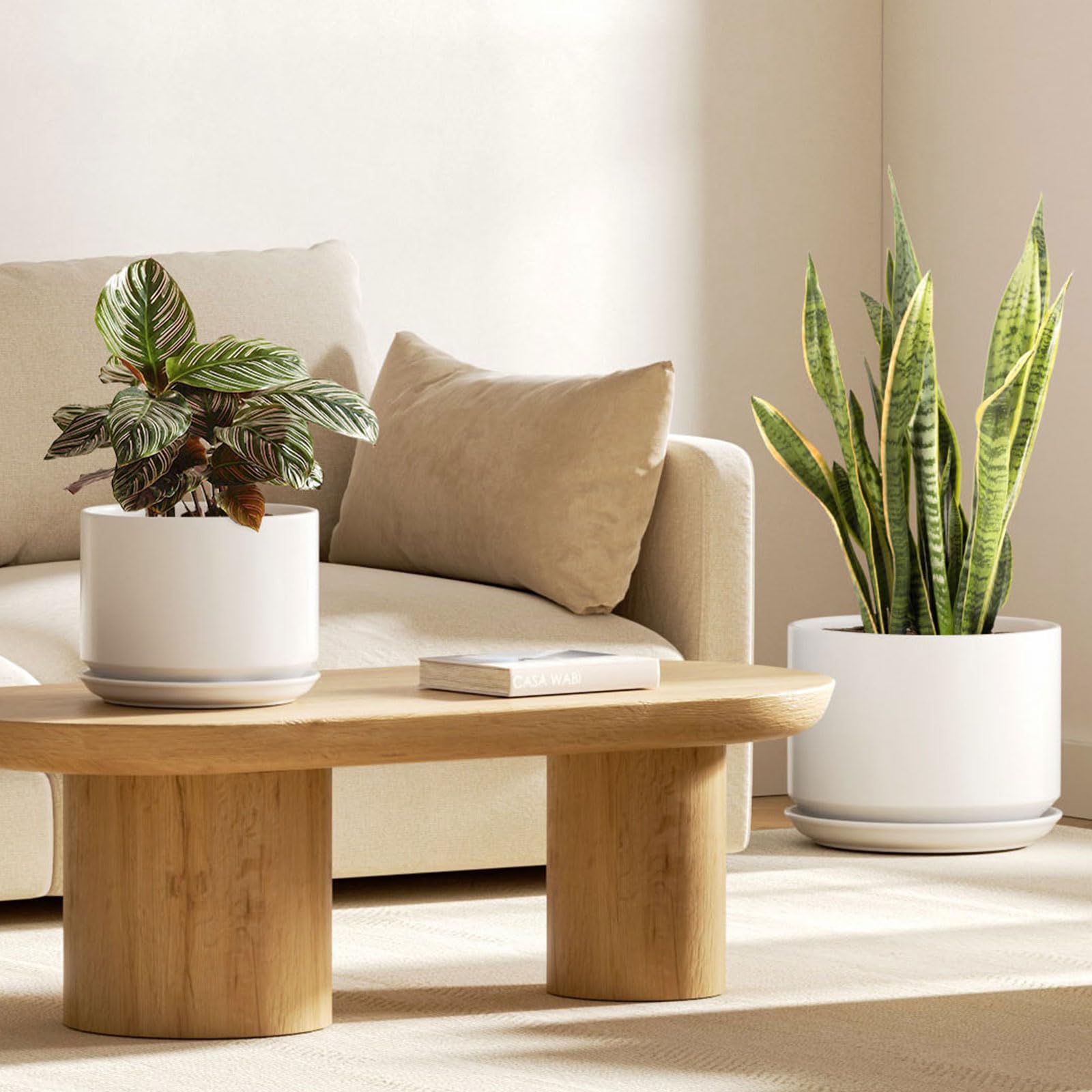LE TAUCI Ceramic Plant Pots, Set of 2, 8 & 10 Inch Plant Pots Indoor with Saucer and Drainage, Modern Durable Planters for Home Decor, Great Gift for Plant Lover, White