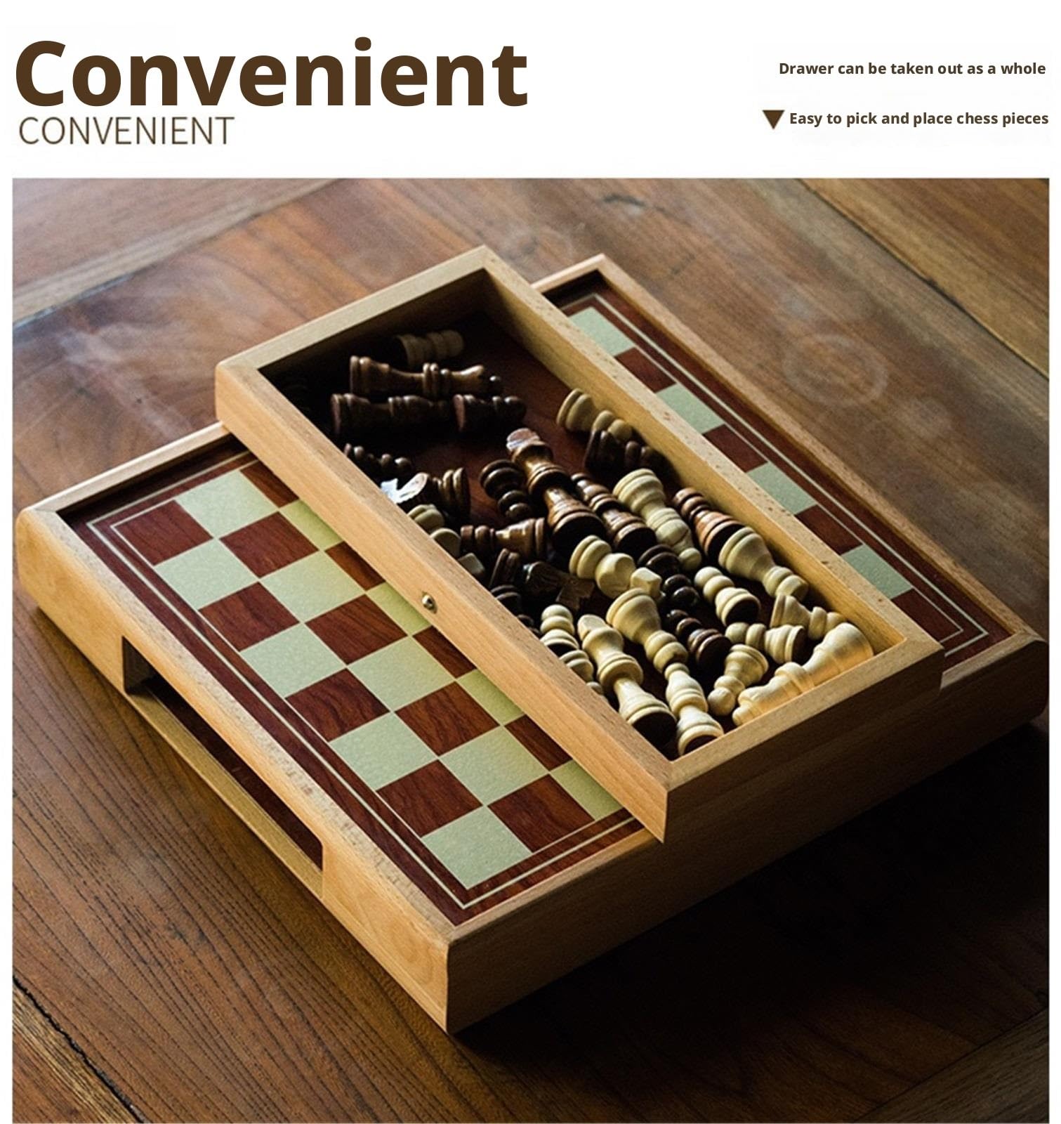 Schachspiel Aus Massivholz Mit Schubladen, Tragbares Spiel for Anfänger(30x30cm)