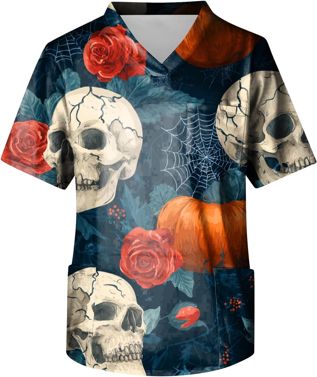 Halloween Scrub Top Mens Scrubs Pumpkin Print V Neck Short Sleeve Plus Size