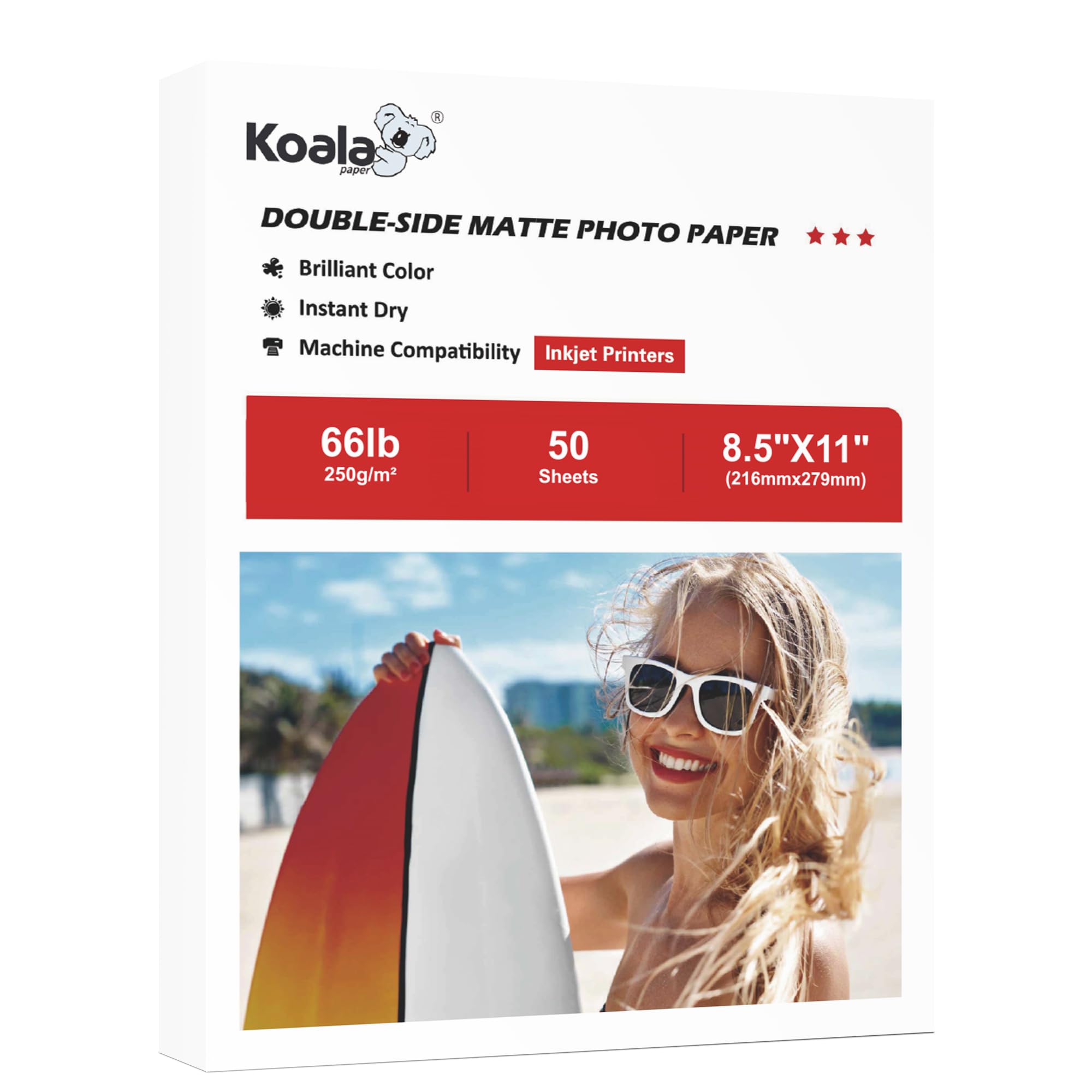 Koala Double Sided Matte Thick Photo Paper 8.5x11 Inches Heavyweight 50 Sheets 250gsm Compatible with Inkjet Printer and Dye Ink