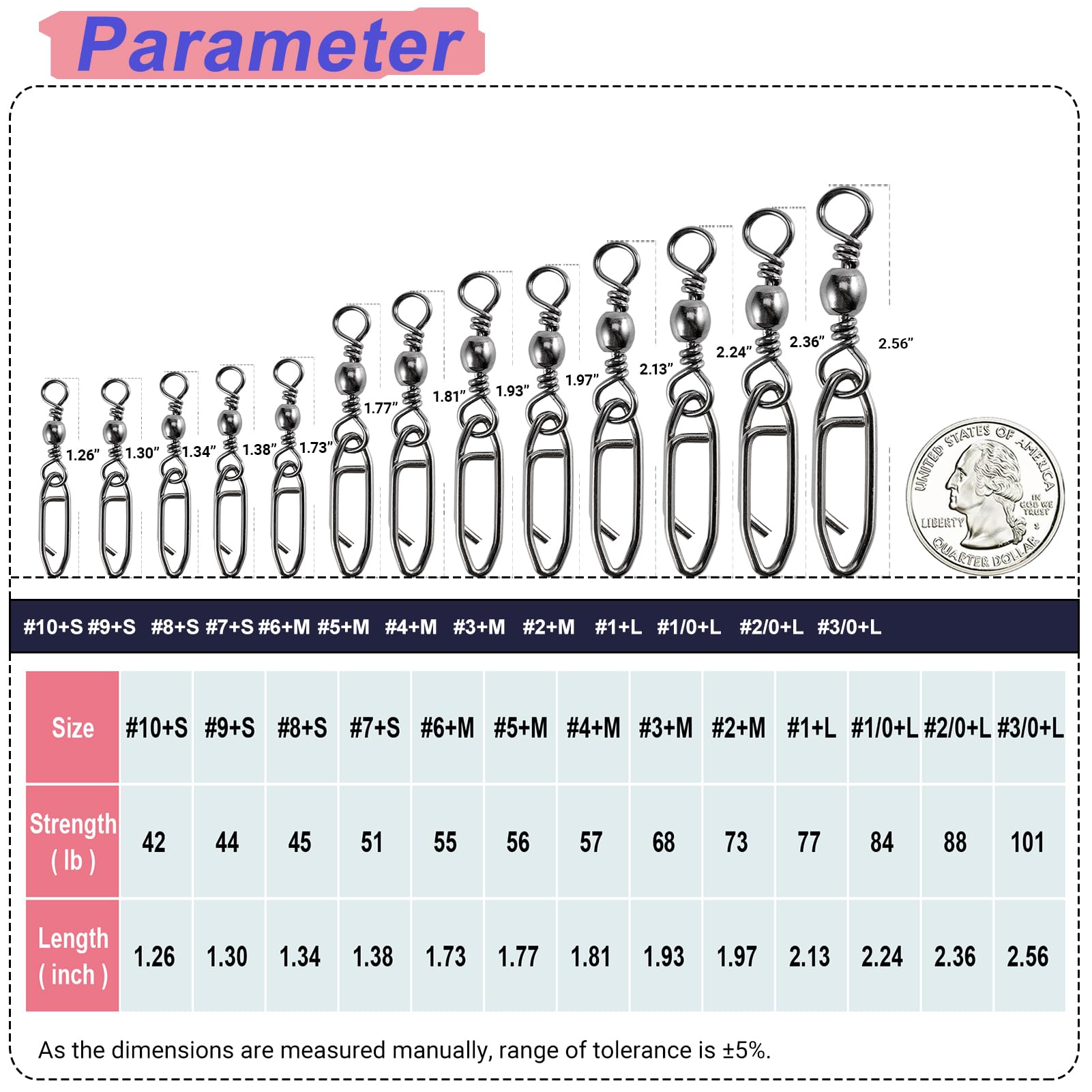 QISHUO High Strength Fishing Swivels Stainless Clips Steel Snap Swivels Barrel Connector Saltwater Swivel Fishing Rolling Black Nickel, 50pcs, 42lbs