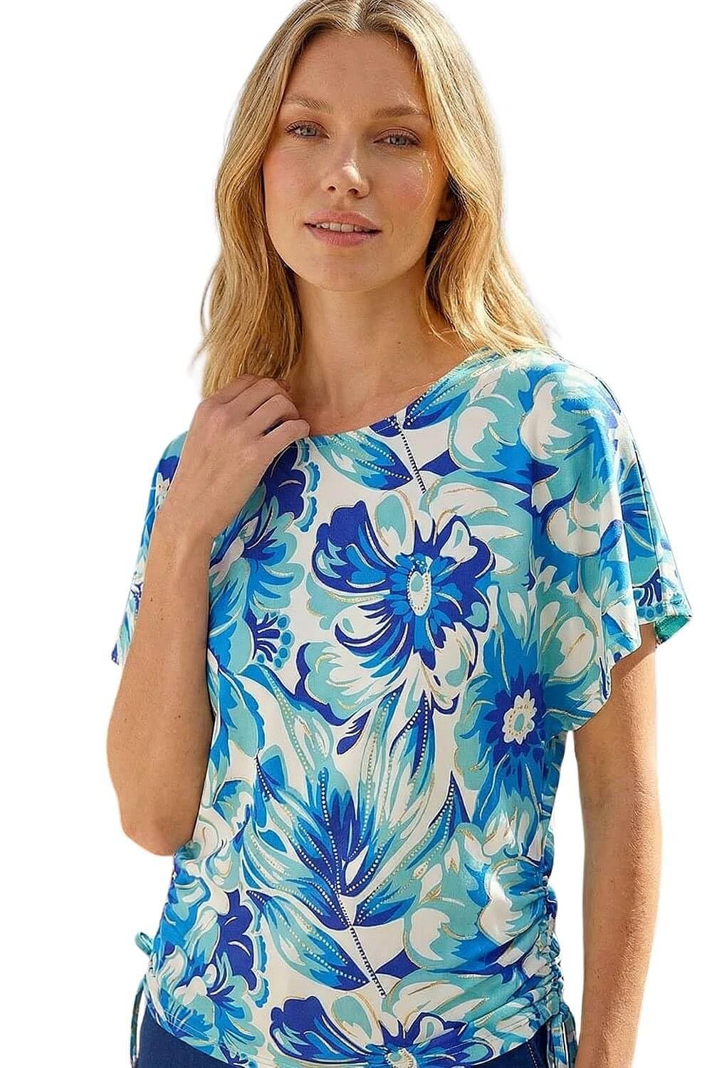 Roman Women's Blue Abstract Ruched Side Stretch Top In Size 18