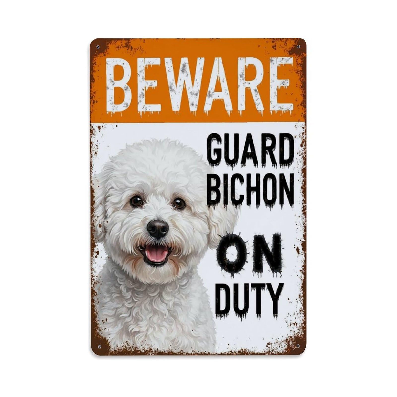 Vintage Funny Bichon Guard Beware of Dog Walkway Metal Tin Sign Plaque Wall Decor for Cafe, Club Bar, Office, Garden Metal Poster 8x12Inch
