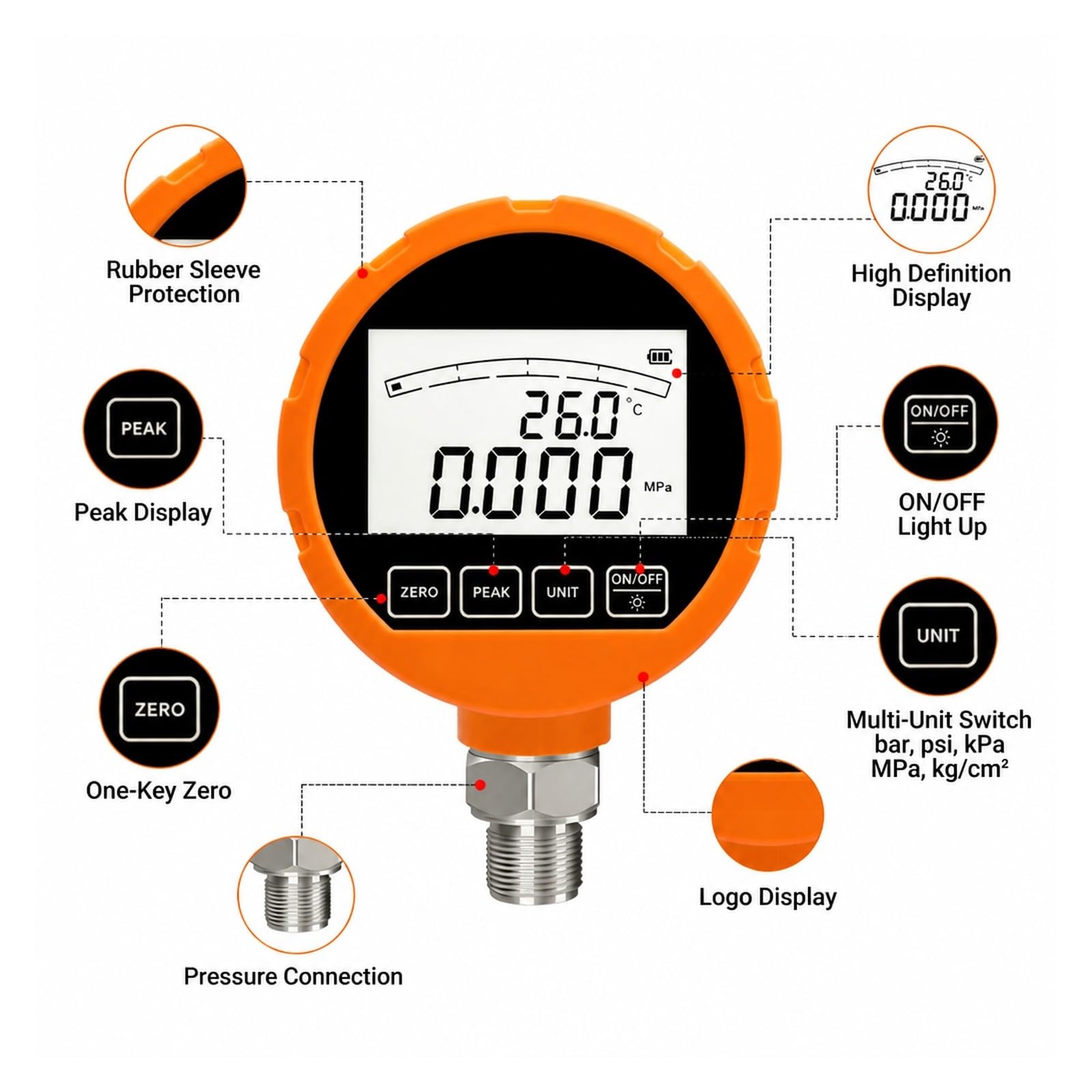 Ciśnieniomierz, Cyfrowy Manometr Hydrauliczny ME461P LCD Ze Stali Nierdzewnej | NPT 1-8 0-100KPa