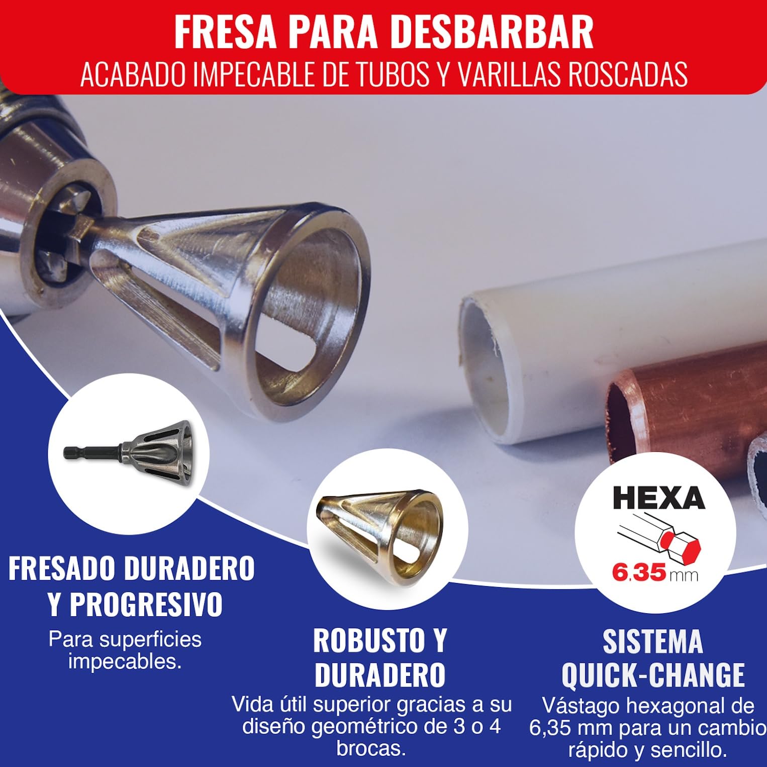 TIVOLY - Fresa Para Desbarbar HCS - Para Varillas Roscadas y Tubos de Metal o Plástico Ø 7-22 mm - Vástago Hexagonal 6,35 mm - Sistema Quick Change