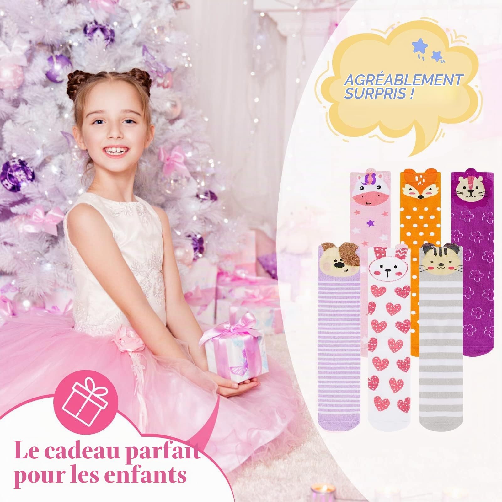 XEPST 6 Paires Filles Genou Chaussettes Hautes - Cartoon Genou Chaussettes Chaudes en Coton Mi-mollet Chaussettes pour 3-12 Ans Filles Anniversaire Cadeau De Noël - Taille Unique, Animaux A