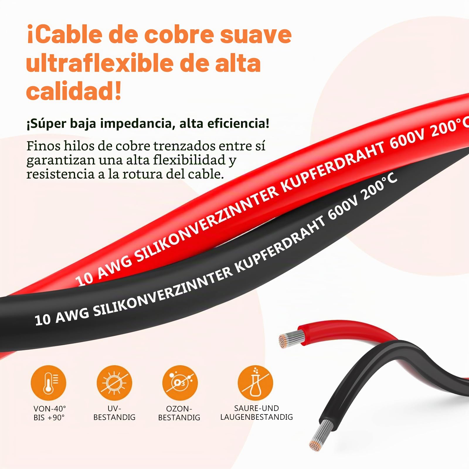 Cable de silicona,Cable electrónico de silicona-5,3mm² 10AWG-Cable eléctrico súper flexible de 5m(2.5m negro y 2.5m rojo),ideal para modelos a control remoto,electrodomésticos y mucho más.