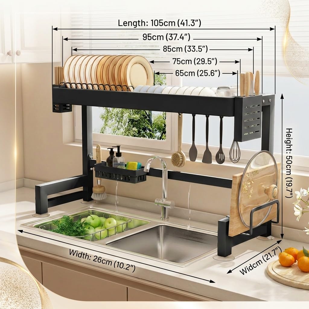Escurreplatos de Acero sobre Fregadero, Estante Organizador de Cocina | Acero al carbono, Diseño extensible, Ahorro de espacio, Accesorios completos(Wit,105cm/41.3in)