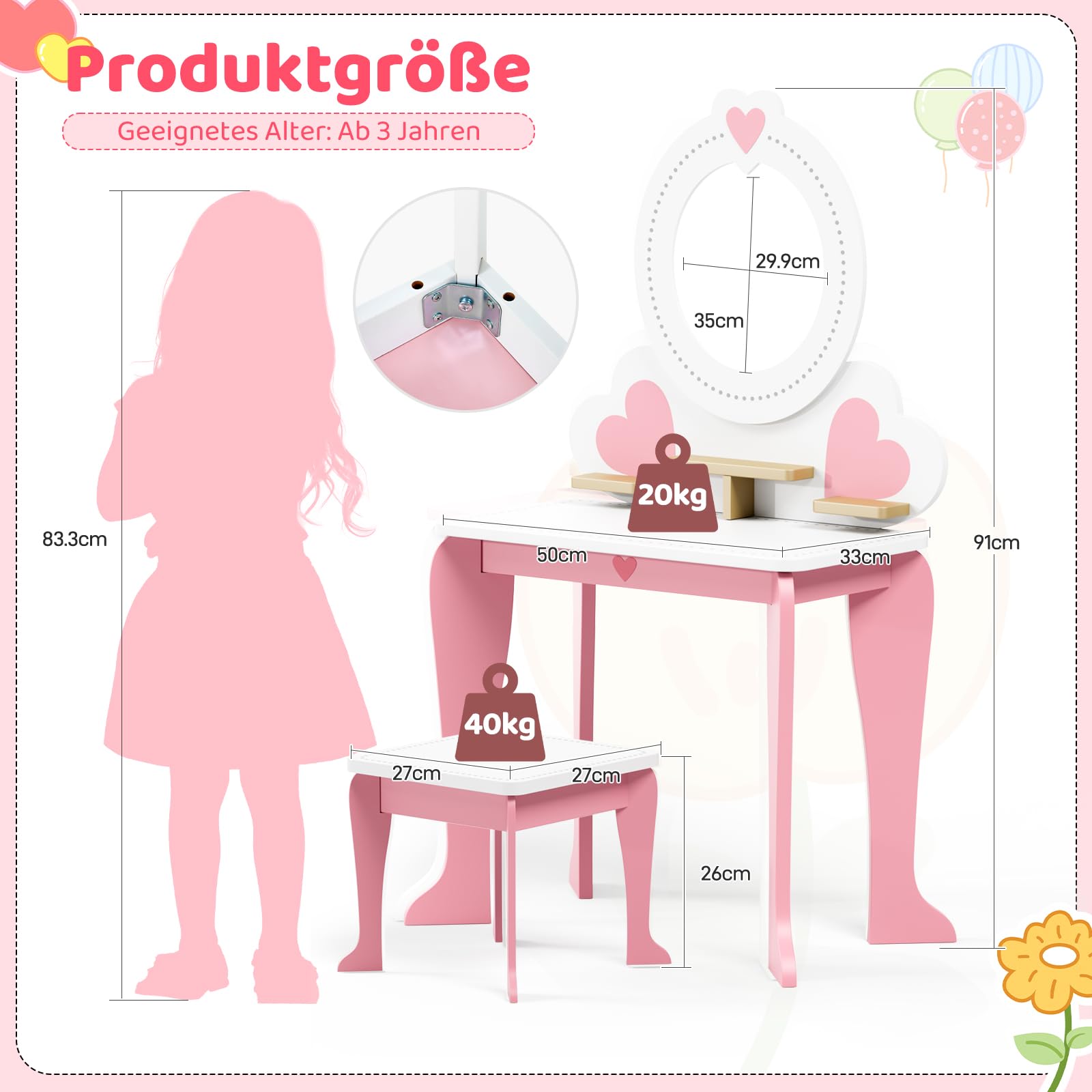 MAMIZO Toeletta per Bambini, Toeletta Trucco con Sgabello e Specchio Rimovibile, Set Tavolo Trucco 2 in 1 a Forma di Cuore, Scrivania per Bambini, 50x33x91cm (Rosa)