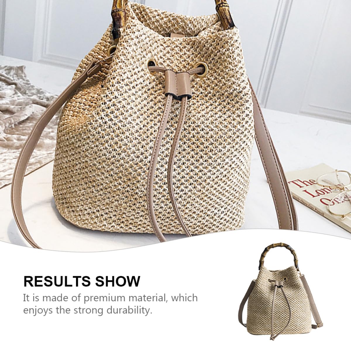 ifundom Borsa Secchiello Intrecciata in Lino e Poliestere, Khaki | Tracolla Crossbody Intrecciata, Chiusura a Coulisse, Stile Semplice e Generoso
