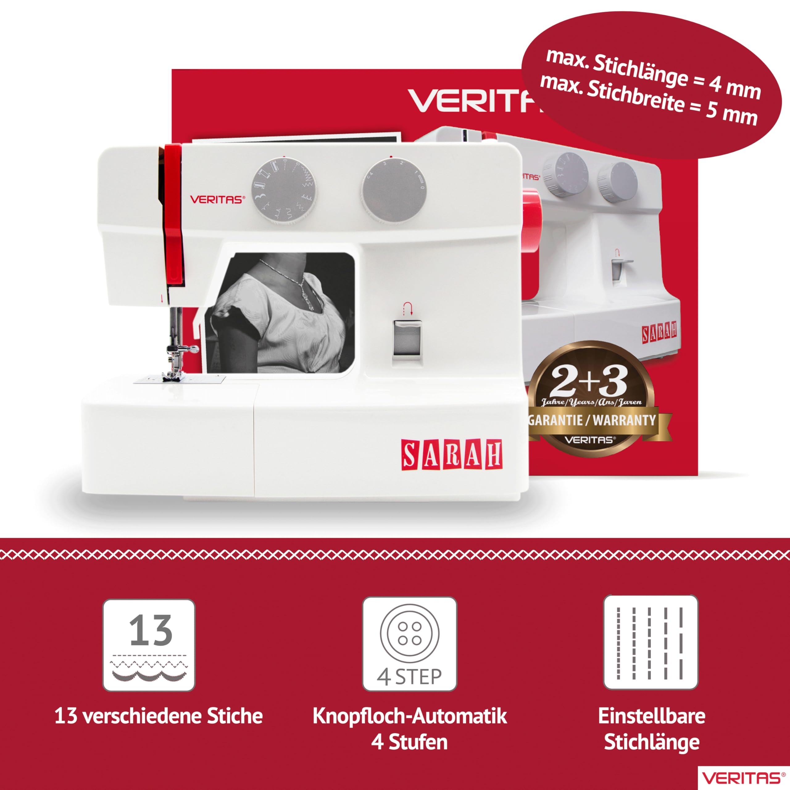VERITAS Sarah Einsteiger-Nähmaschine – 13 Stichprogramme, Freiarm, Fadenabschneider, einstellbare Stichlänge, Fadenführung, Empfehlung Kinder-Nähmaschine F.A.Z. Kaufkompass