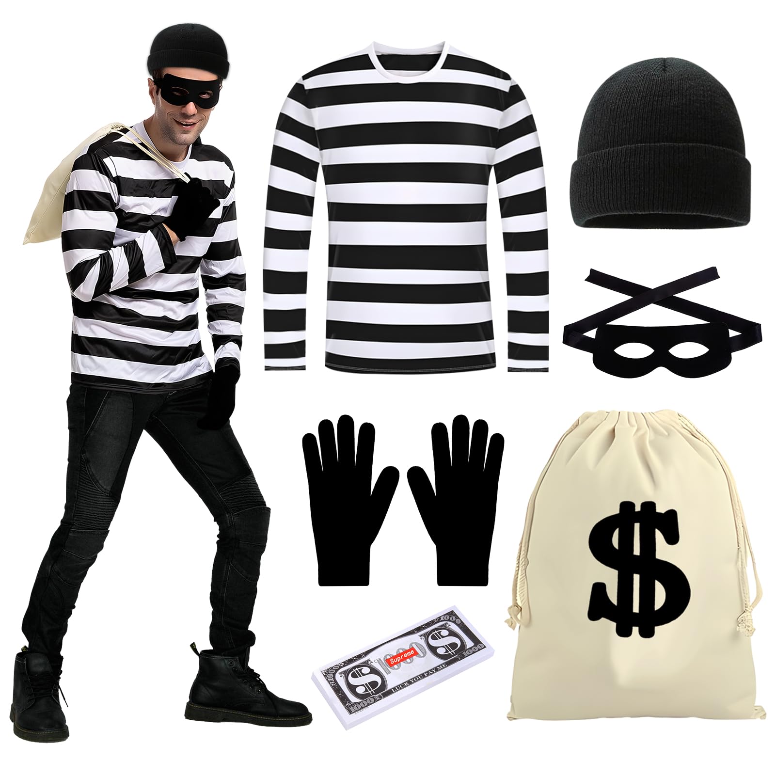 Dongcill Thief Costume, Thieves Costume Set for Men, Bank Thief Cosplay, Criminal Thief Halloween Costume for Adults, for Cosplay Carnival Party - 6pcs